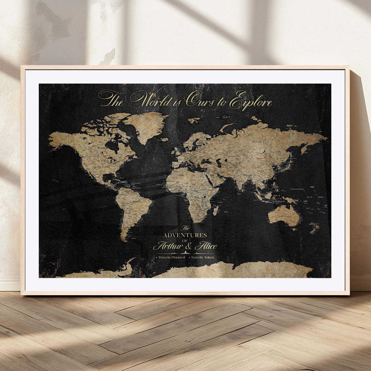 98947257-MGC-FP-36x24_Natural-Personalized World Map Wall Art – Vintage Black Adventure Travel Map with Custom Names, Elegant Push Pin Canvas for Couples Home
