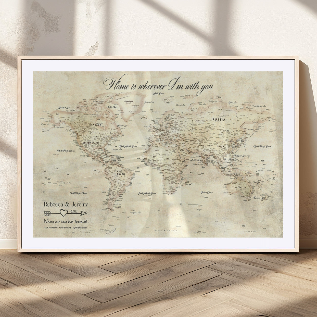 57950315-MGC-FP-36x24_Natural-Personalized World Map Wall Art – Vintage Beige Travel Map with Custom Names, Romantic Anniversary Gift for Couples, Adventure