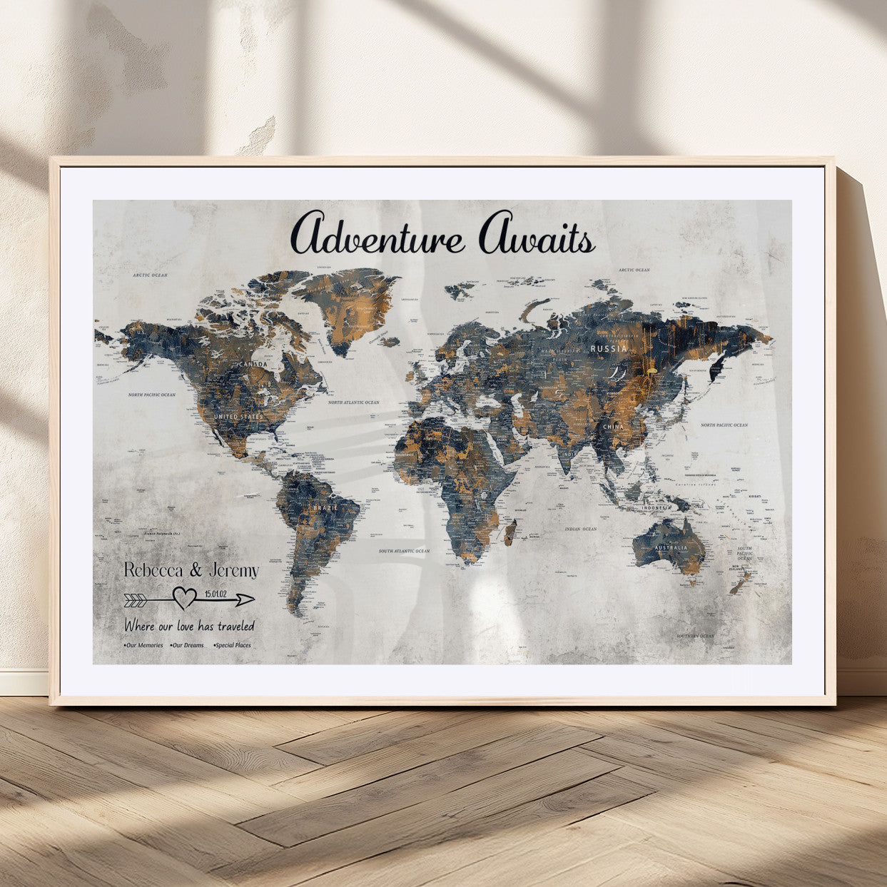 11751559-MGC-FP-36x24_Natural-Personalized World Map Wall Art – Elegant Adventure Travel Tracker Map for Couples & Families, Push Pin Canvas Poster Decor for Home, Office