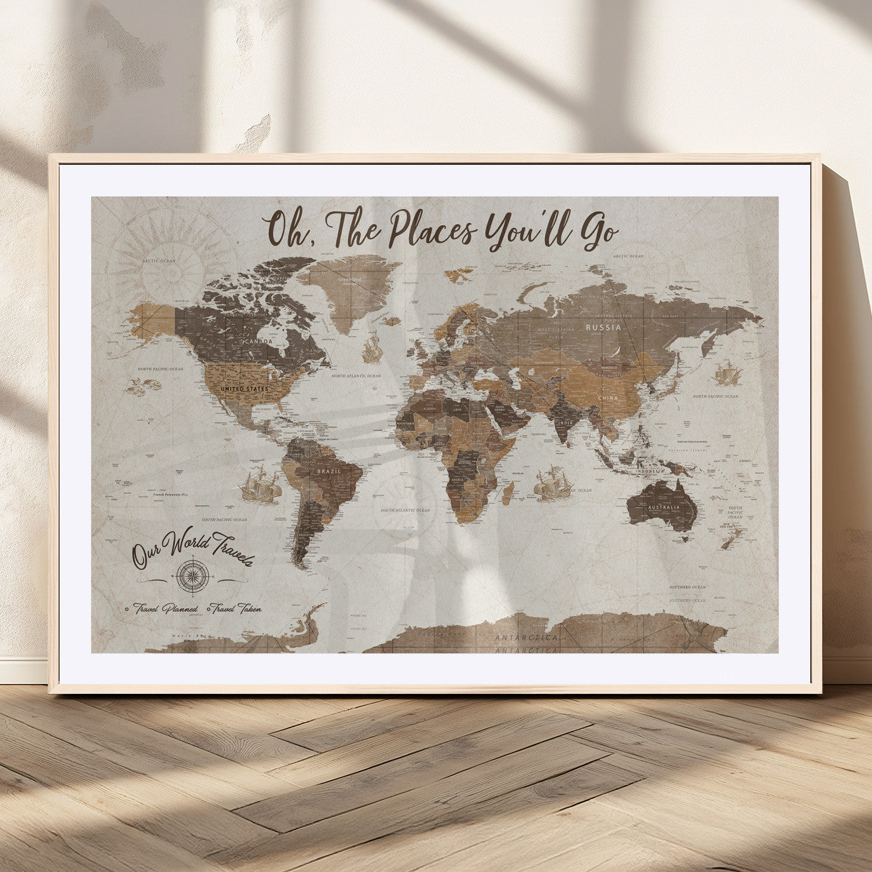 14140137-MGC-FP-36x24_Natural-Personalized World Map Wall Art – Vintage Nautical Adventure Map with Ships and Compass, Rustic Sepia Tones for Travel Lovers and