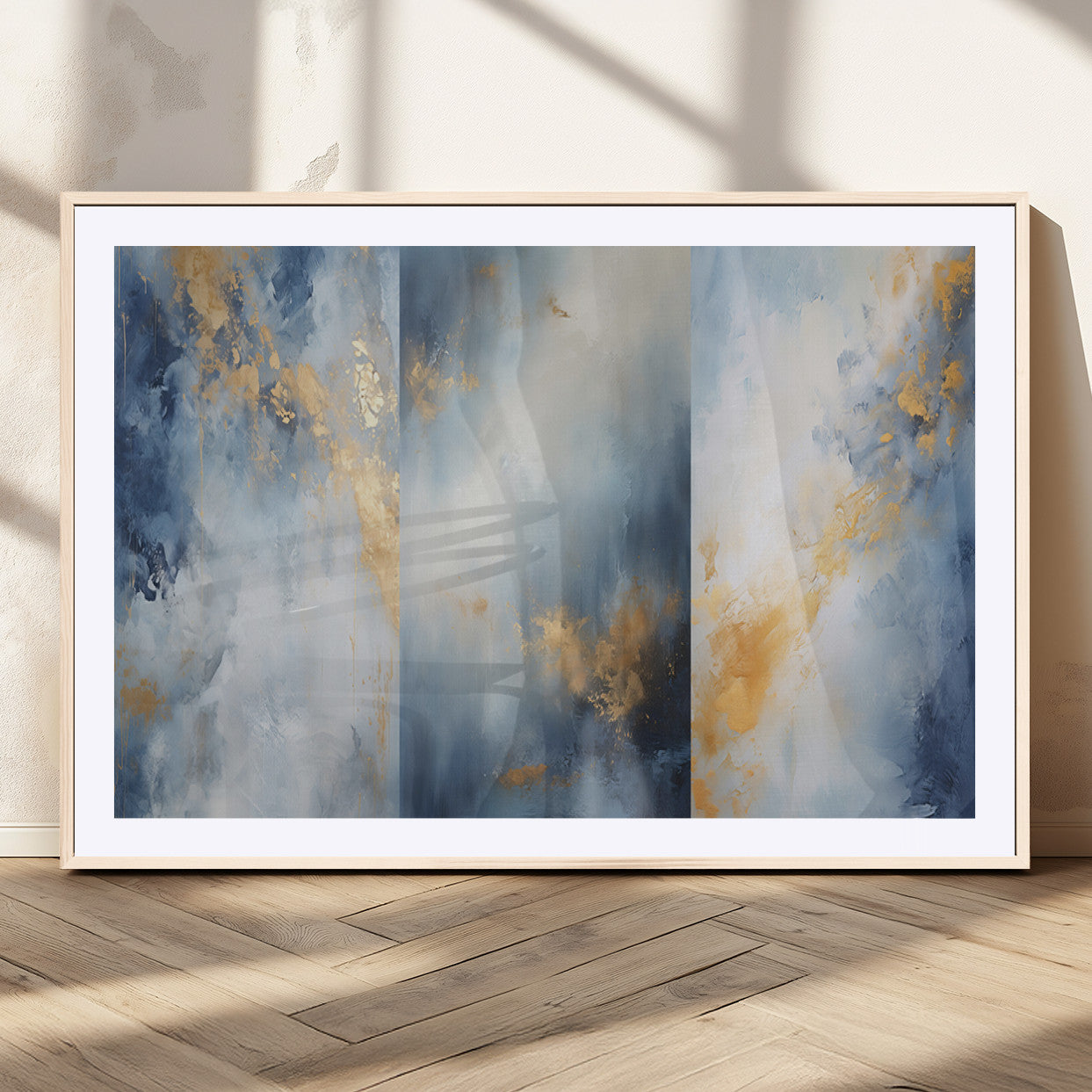 41836-MGC-FP-36x24_Natural-Abstract Gold Wall Art Canvas Print, Framed Blue Layers Art Picture Print, Elegant Cloud Perfect Elegant Minimalist Decor Artwork