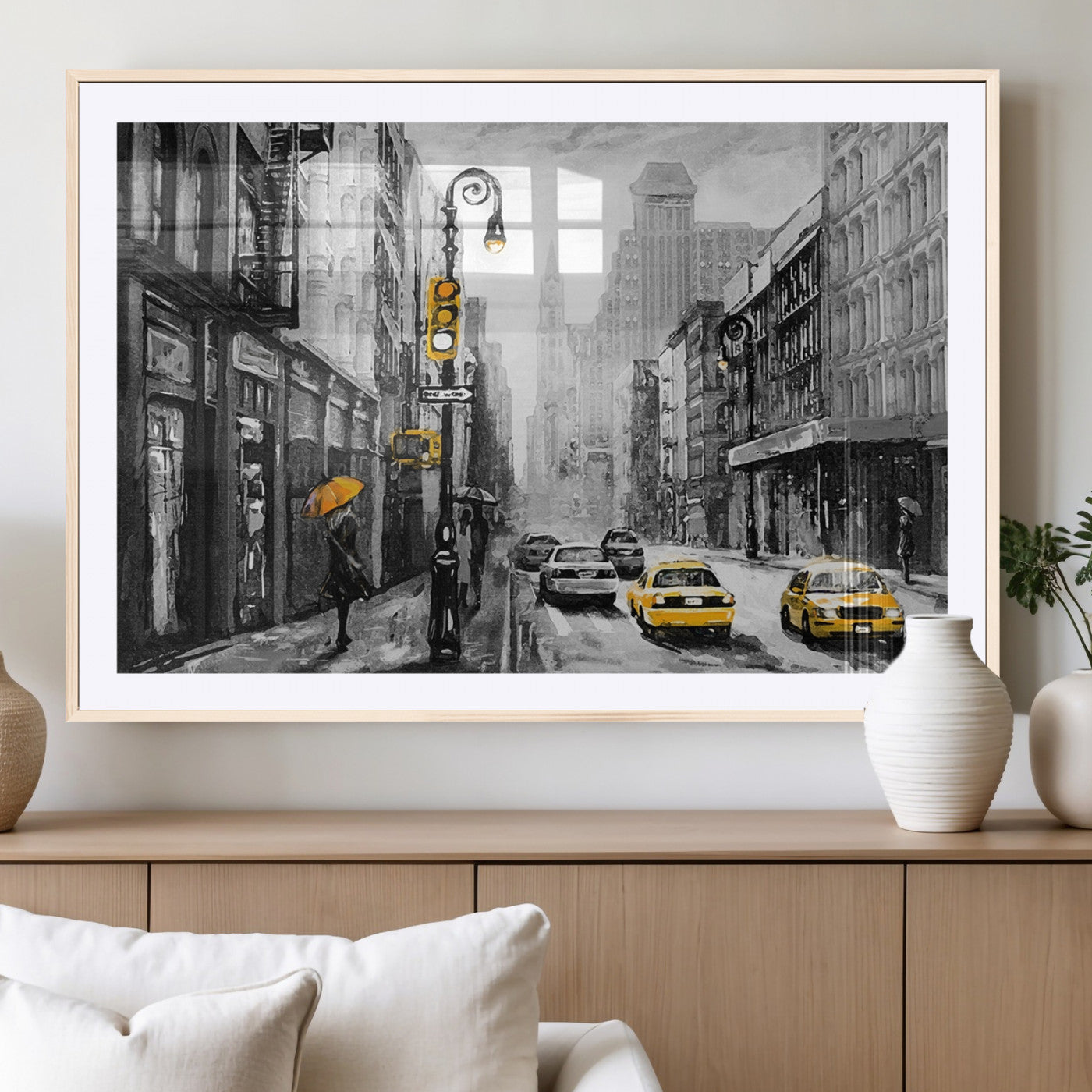 32362-MGV-CV-36X24-NYC Street Wall Art – Black and White Cityscape with Yellow Taxis and Umbrella Canvas Print, Urban Home Decor for Living Room or