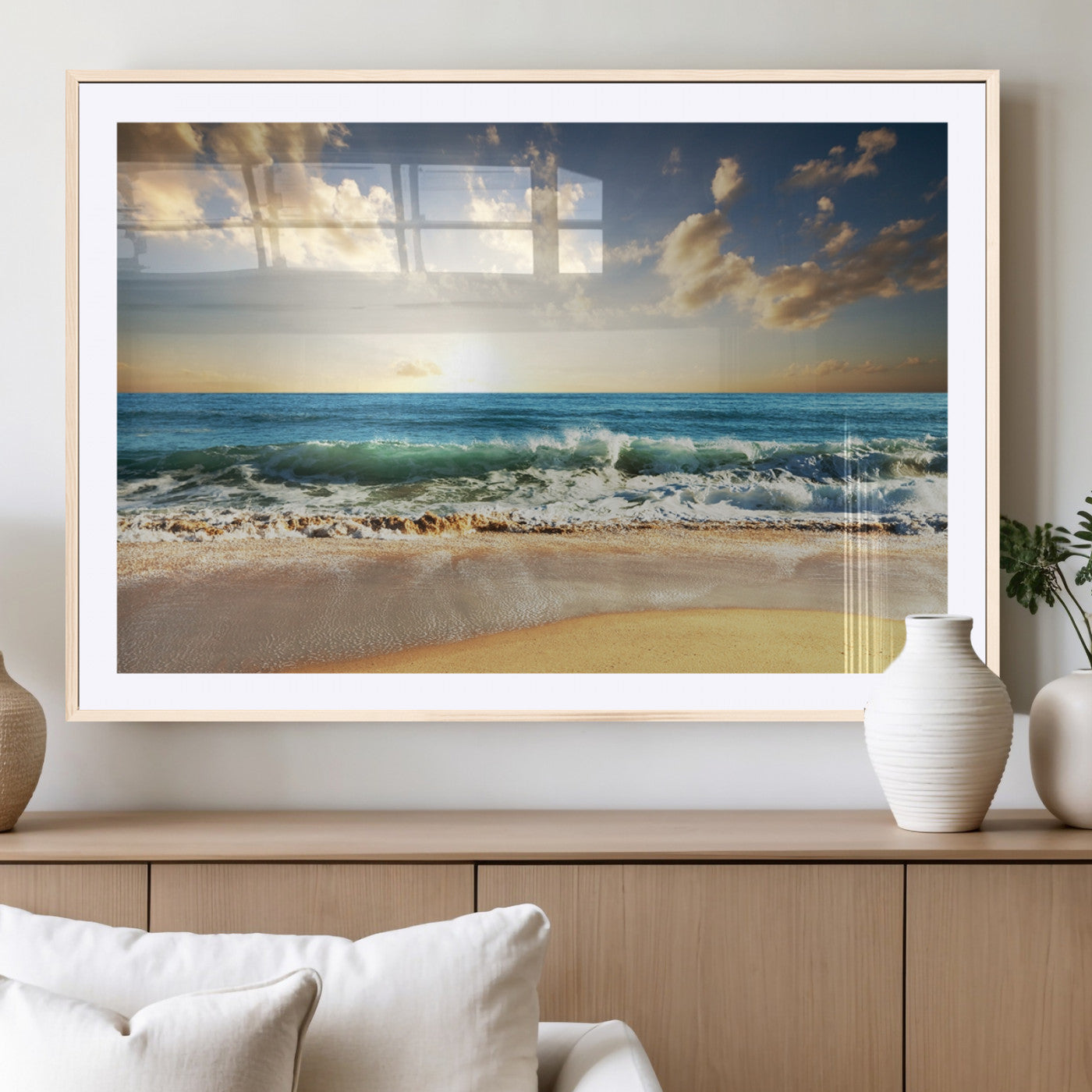 13139-MGV-CV-36X24-Sunrise Beach Wall Art – Ocean Waves and Golden Sand Canvas Print, Coastal Home Decor for Living Room, Bedroom, or Office