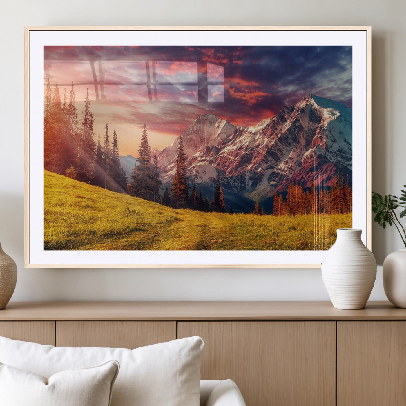 83947-MGV-CV-36X24-Sunset Mountain Landscape Wall Art – Panoramic Alpine Meadow and Snow Capped Peaks Canvas Print, Nature Scenic Decor for Home,