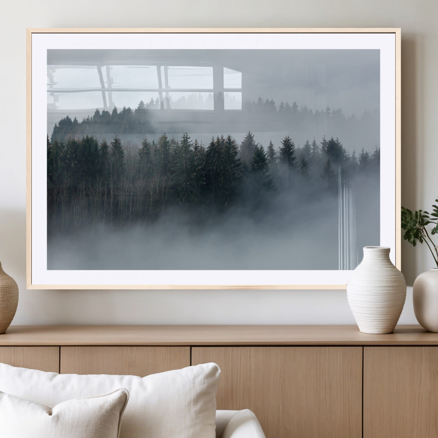 42596-MGC-FP-36x24_Natural-Misty Forest Wall Art – Atmospheric Pine Trees Canvas Print, Nature Landscape Decor for Living Room, Bedroom, Office, or Cabin