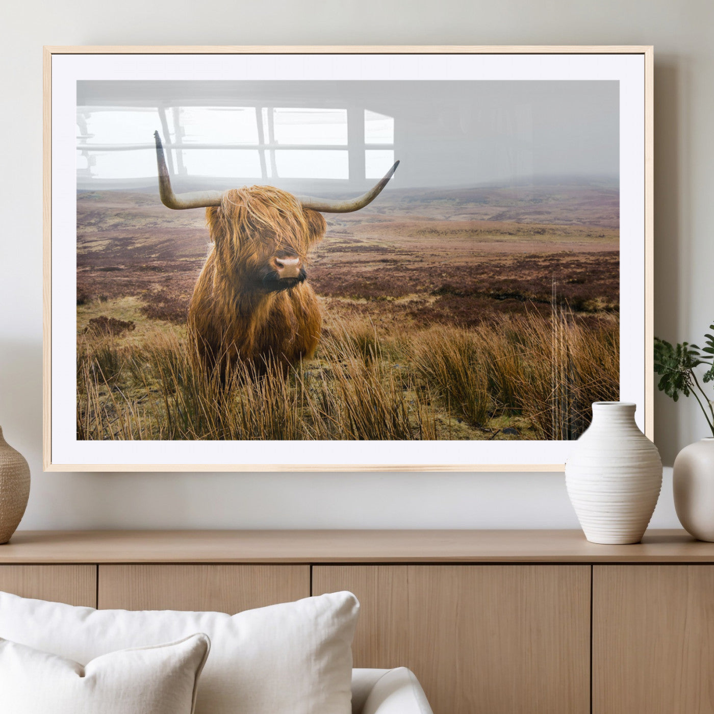 79391-MGV-CV-36X24-Majestic Highland Cow in Misty Scottish Moorland – Rustic Natural Charm, Perfect for Unique Home or Office Decor