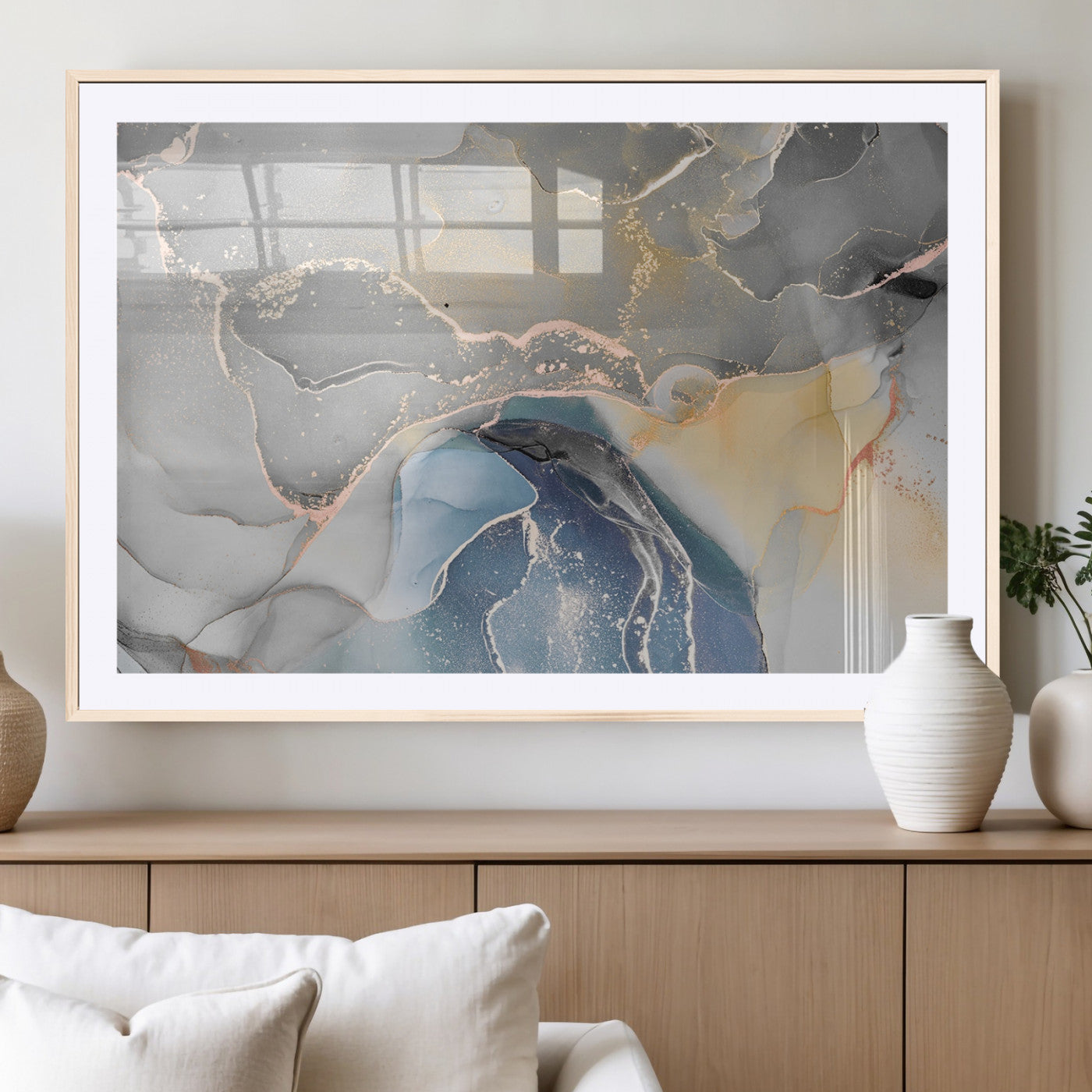 63211-MGV-CV-36X24-Abstract Fluid Art Wall Decor – Blue, Gray & Gold Canvas Print, Modern Home and Office Wall Art Decor for Living Room, Bedroom or