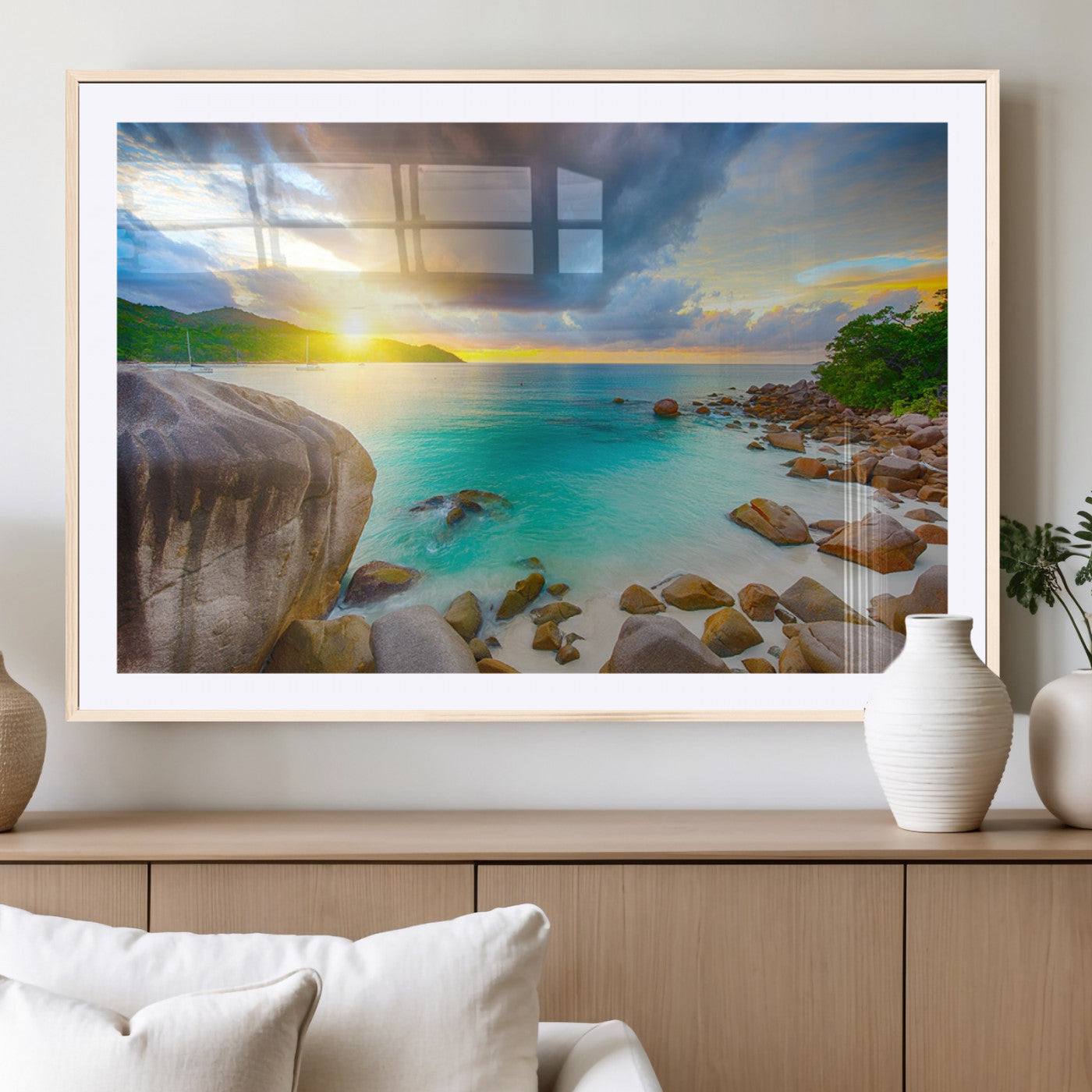 23769-MGC-FP-36x24_Natural-Tropical Beach Sunset Wall Art – Ocean Waves and Rocky Shore Canvas Print, Coastal Seascape Photography Decor
