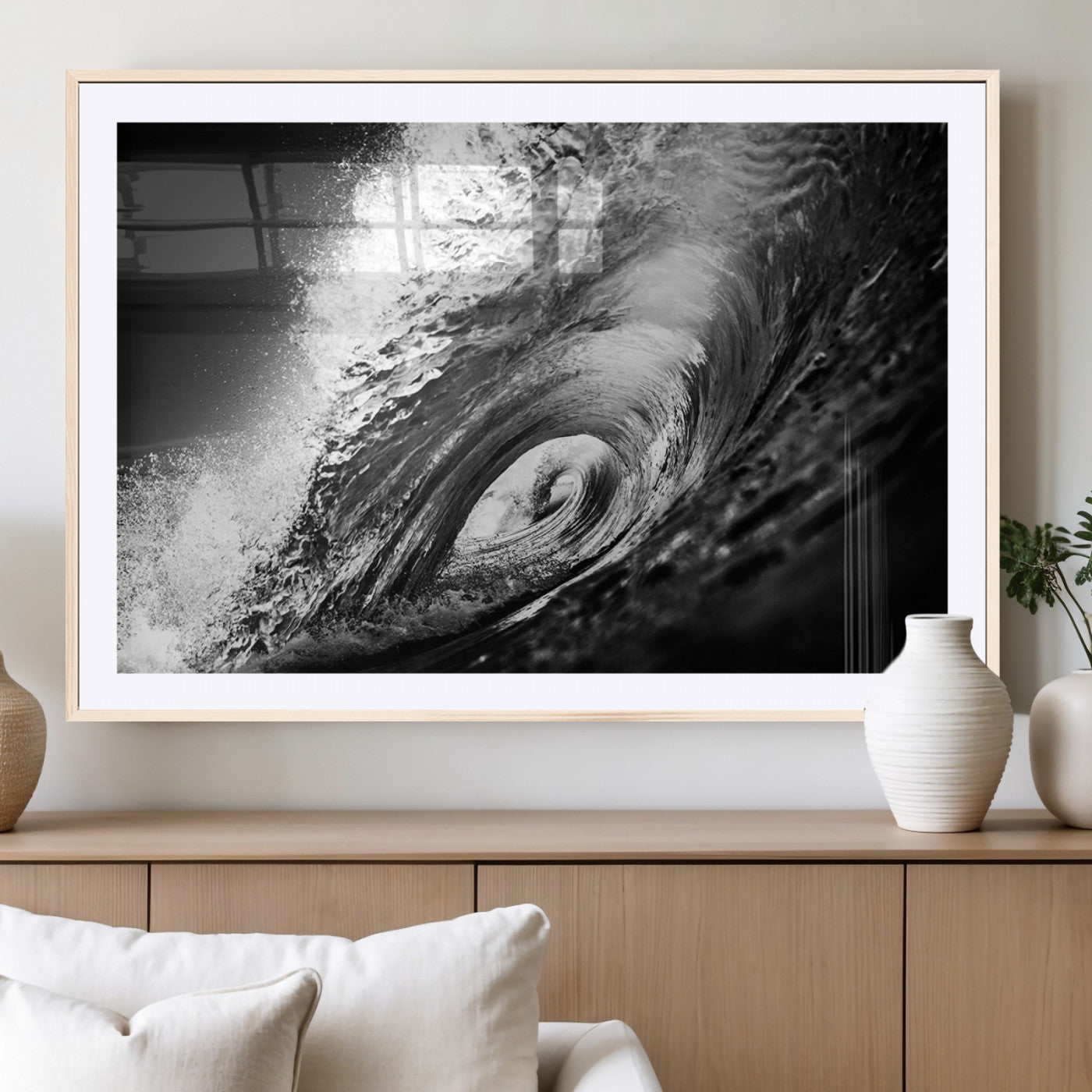 22702-MGC-FP-36x24_Natural-Black and White Ocean Wave Wall Art – Powerful Surf Curl Photography Canvas Print, Modern Coastal Decor for Living Room, Office or