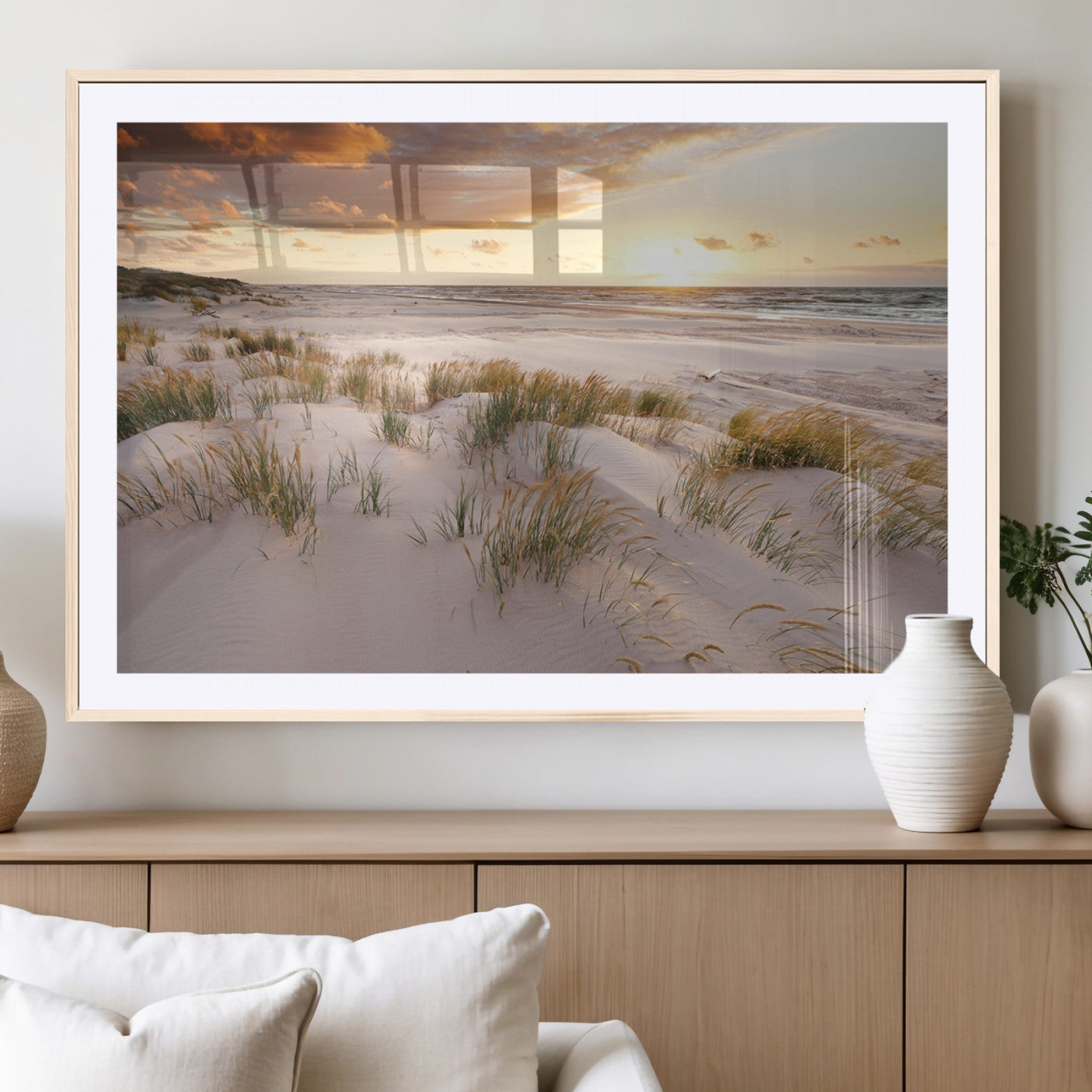 61246-MGC-FP-36x24_Natural-Coastal Sand Dunes Wall Art – Serene Beach Sunset Canvas Print with Grasses and Ocean View, Tranquil Seaside Decor for Living Room