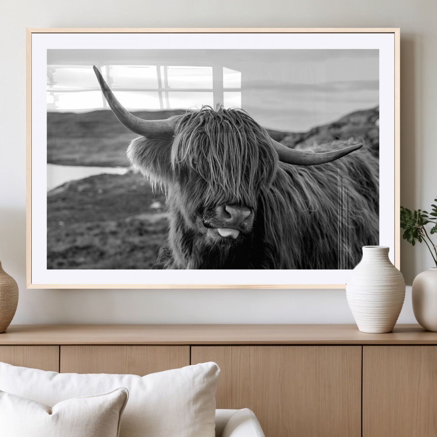 83810-MGC-FP-36x24_Natural-Highland Cow Wall Art – Black and White Highland Cattle Print, Rustic Farmhouse Animal Decor for Living Room