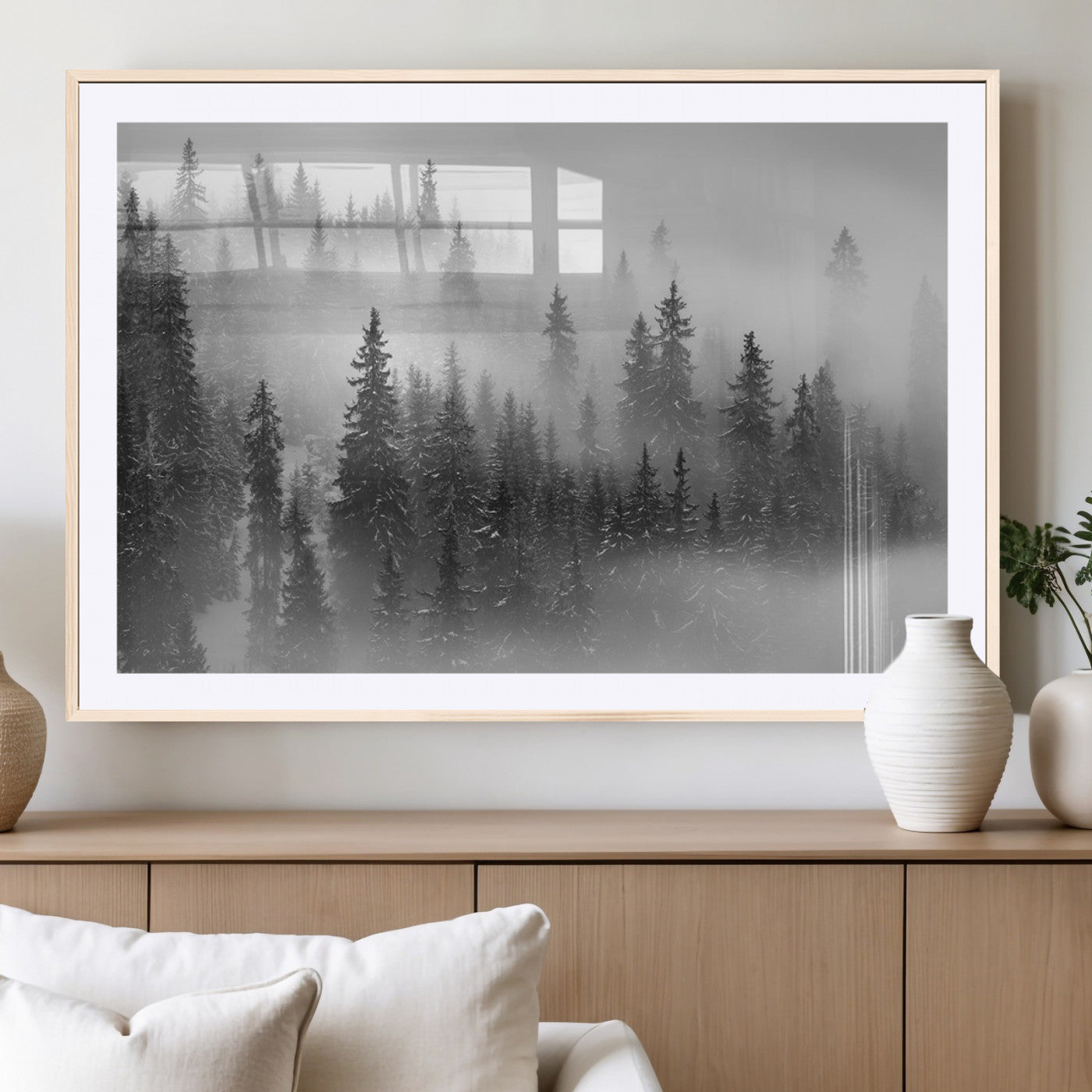 57235-MGC-FP-36x24_Natural-Misty Pine Forest Wall Art – Black and White Mountain Landscape Canvas Print, Nature Woodland Decor for Living Room, Bedroom or