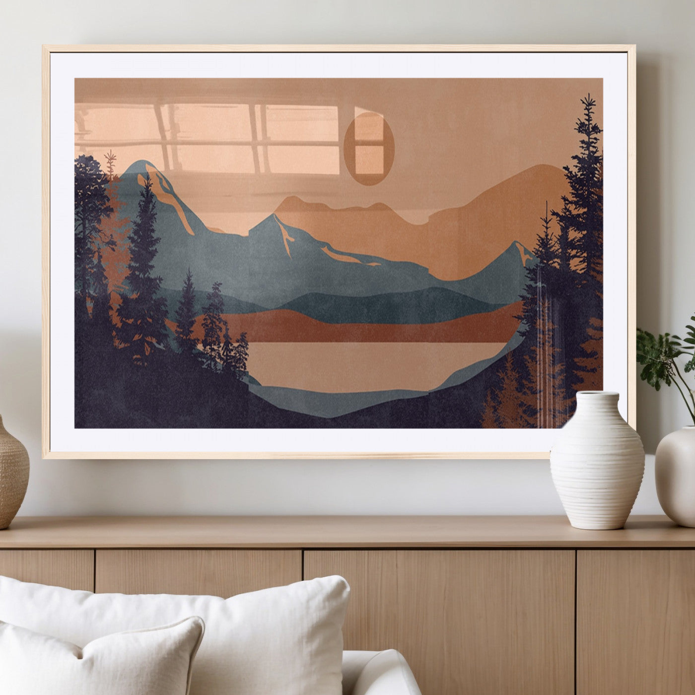 62795-MGC-FP-36x24_Natural-Minimalist Mountain Landscape Wall Art – Abstract Sunset Over Peaks and Pine Trees Canvas Print, Modern Nature Decor for Living