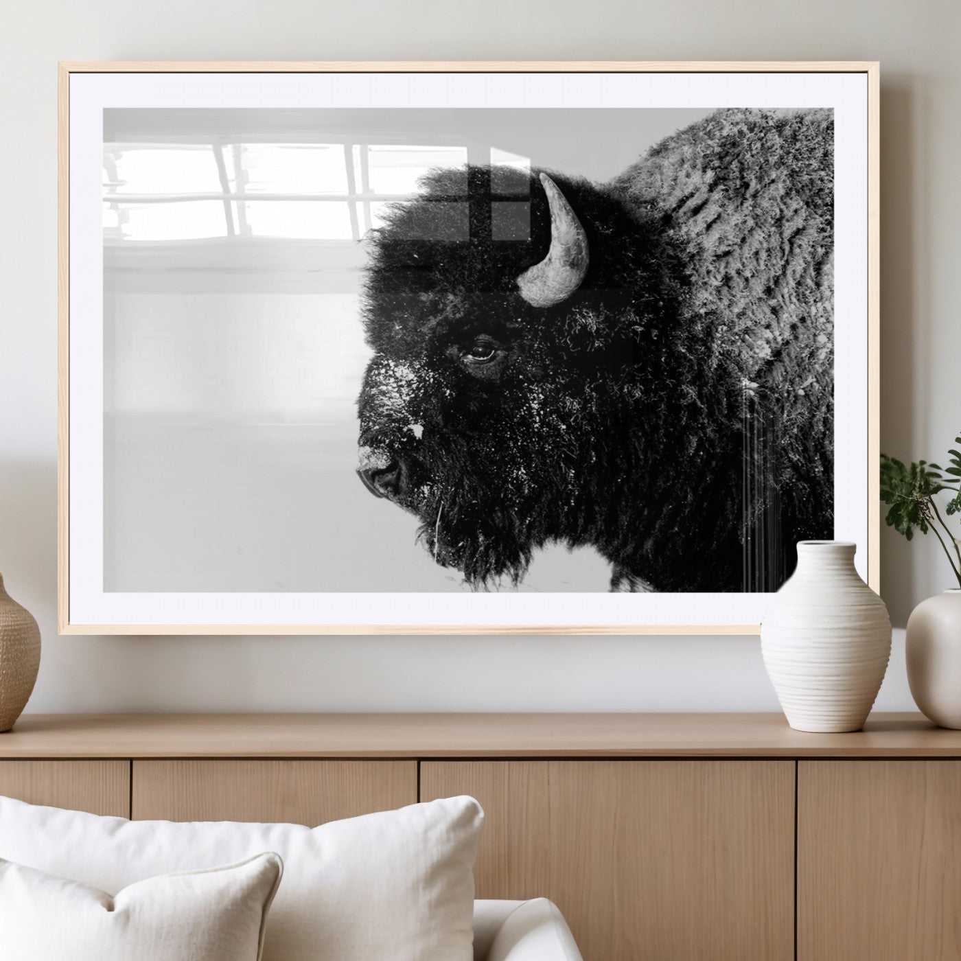 68780-MGV-CV-36X24-Bison Close-Up Wall Art – Black and White Buffalo Canvas Print, Rustic Wildlife Photography Decor for Living Room, Office, or