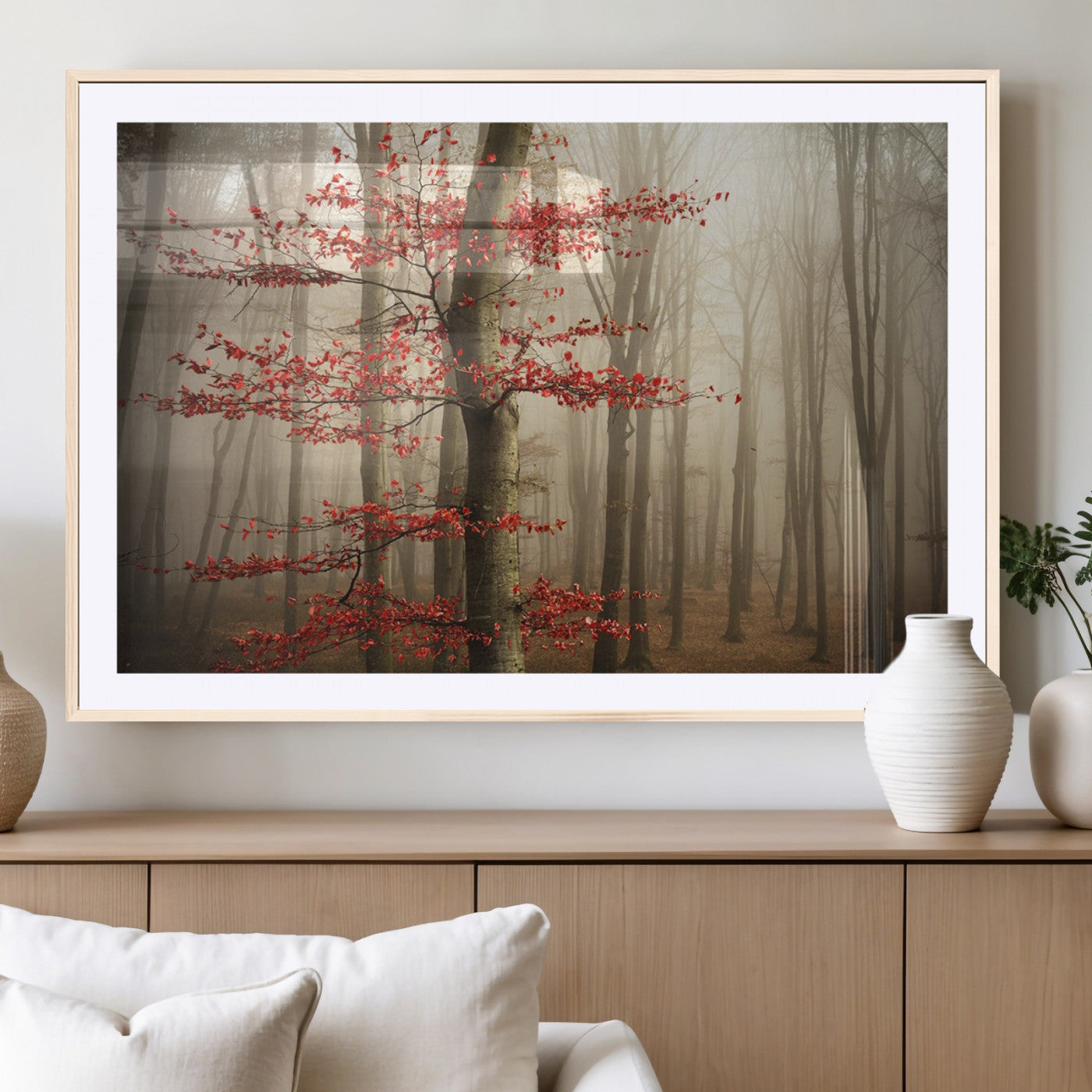 61855-MGC-FP-36x24_Natural-Misty Forest Wall Art – Red Tree with Autumn Leaves Canvas Print, Moody Woodland Nature Decor for Living Room, Bedroom, or Office