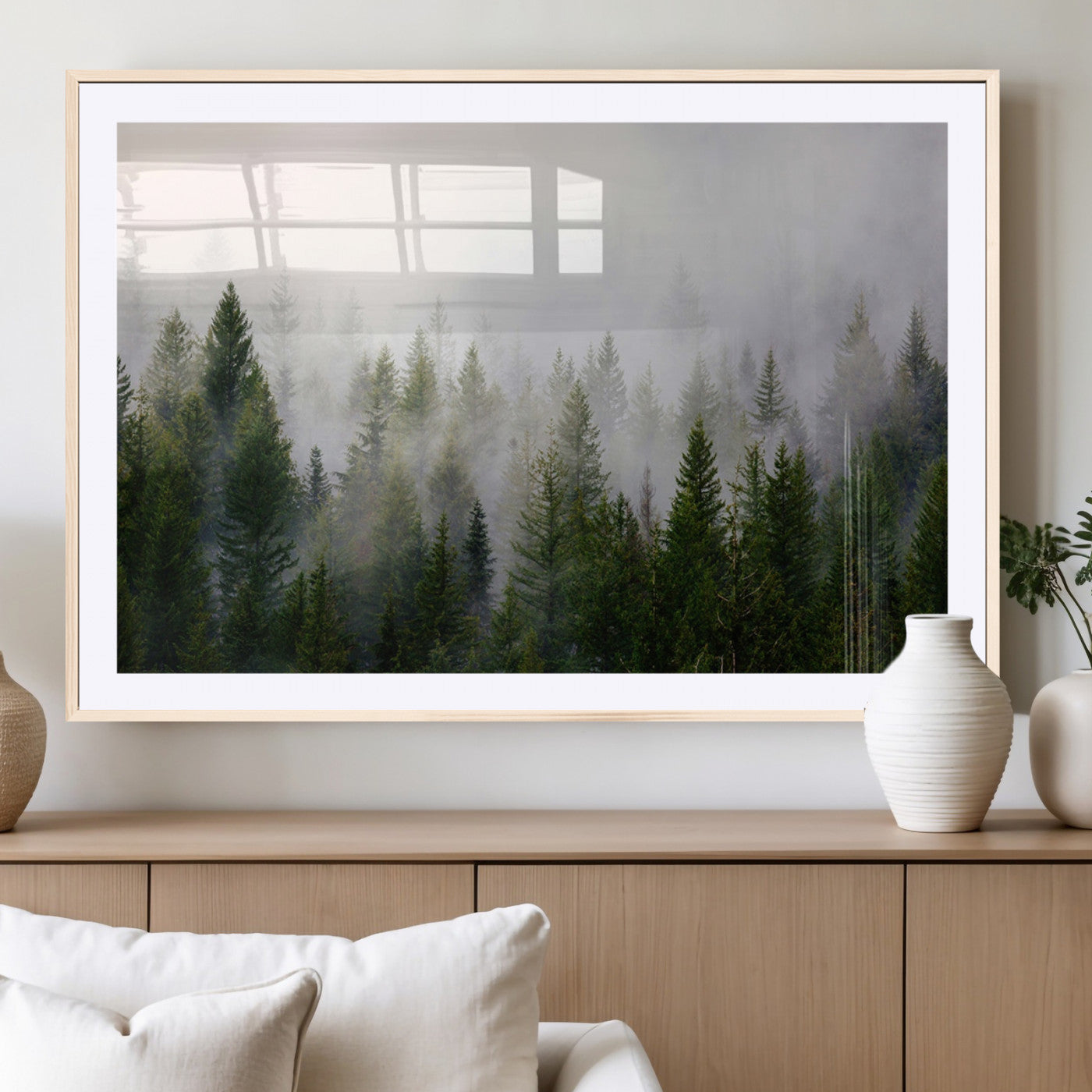 11436-MGC-FP-36x24_Natural-Misty Forest Wall Art – Tranquil Evergreen Tree Canvas Print with Foggy Landscape, Nature Inspired Artwork for Bedroom, Living