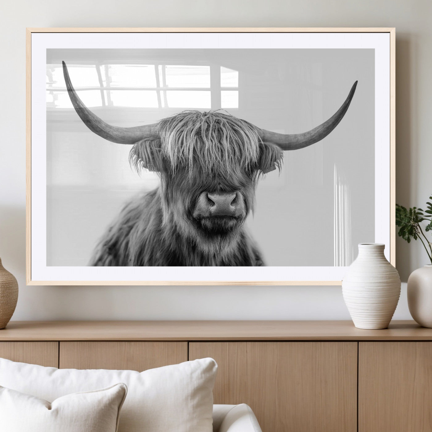 10123-MGC-FP-36x24_Natural-Black and White Highland Cow Wall Art – Modern Farmhouse Animal Print, Rustic Scottish Bull Canvas Decor for Living Room, Bedroom,