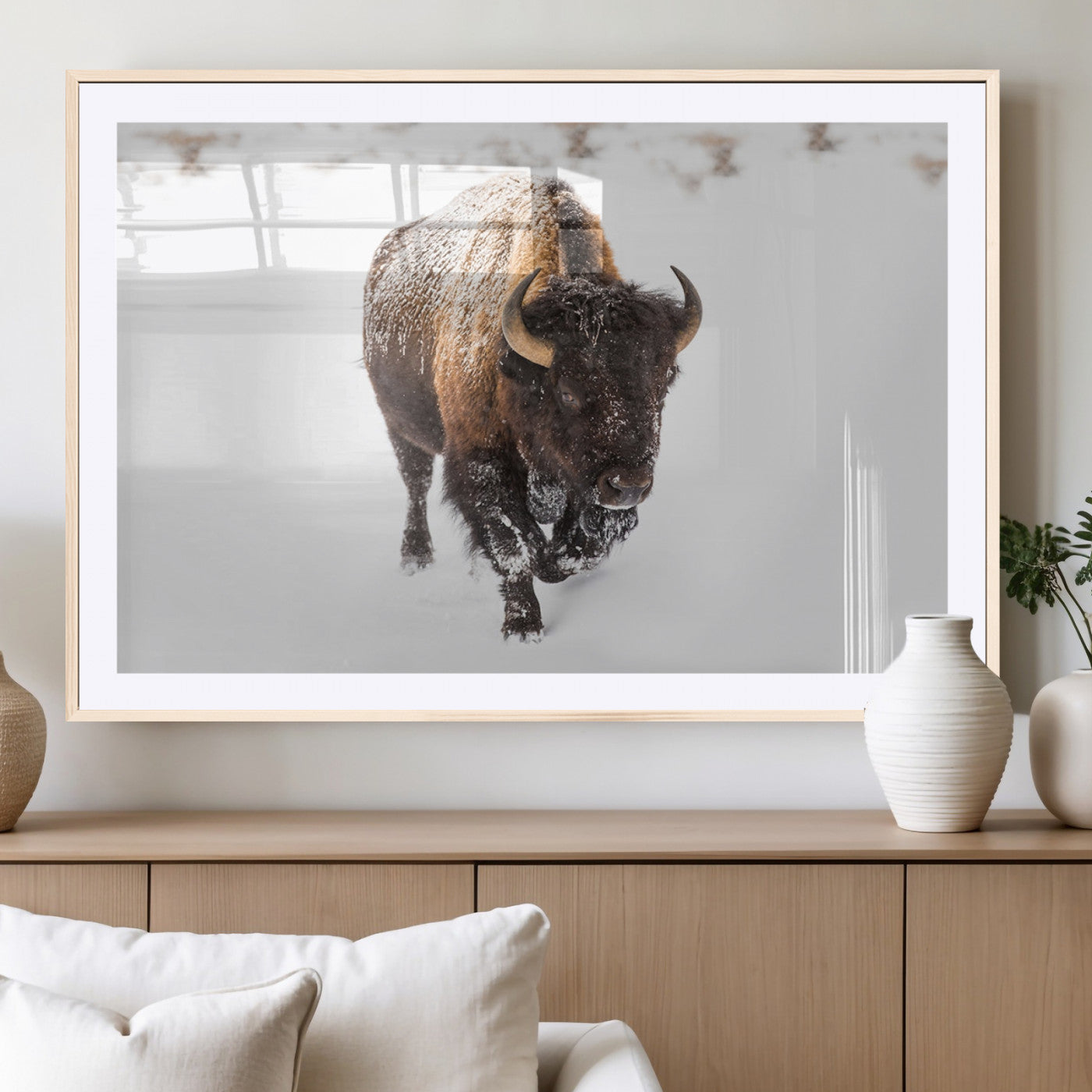 19889-MGC-FP-36x24_Natural-Snow Bison Wall Art – Majestic Buffalo Winter Landscape Canvas Print, Rustic Wildlife Photography Decor for Cabin, Lodge, Living