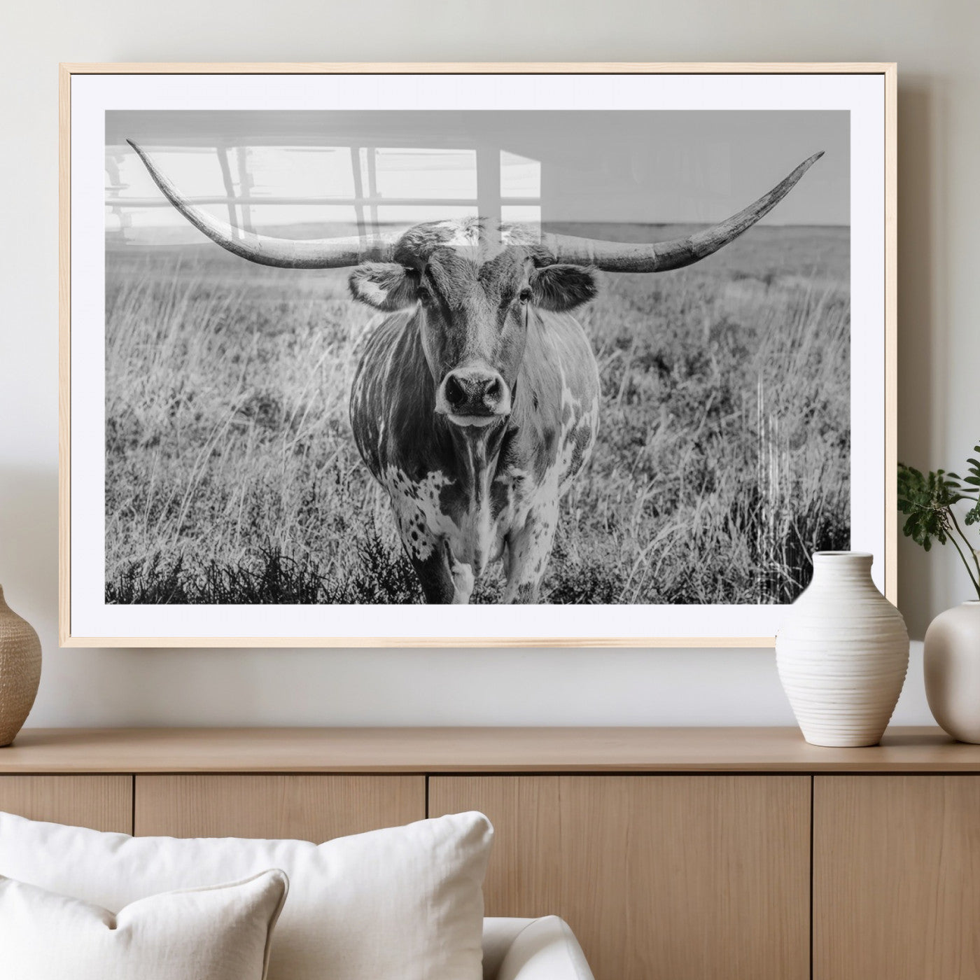 77320-MGC-FP-36x24_Natural-Texas Longhorn Wall Art – Black and White Western Cattle Canvas Print, Rustic Farmhouse Animal Photography Decor for Living Room,
