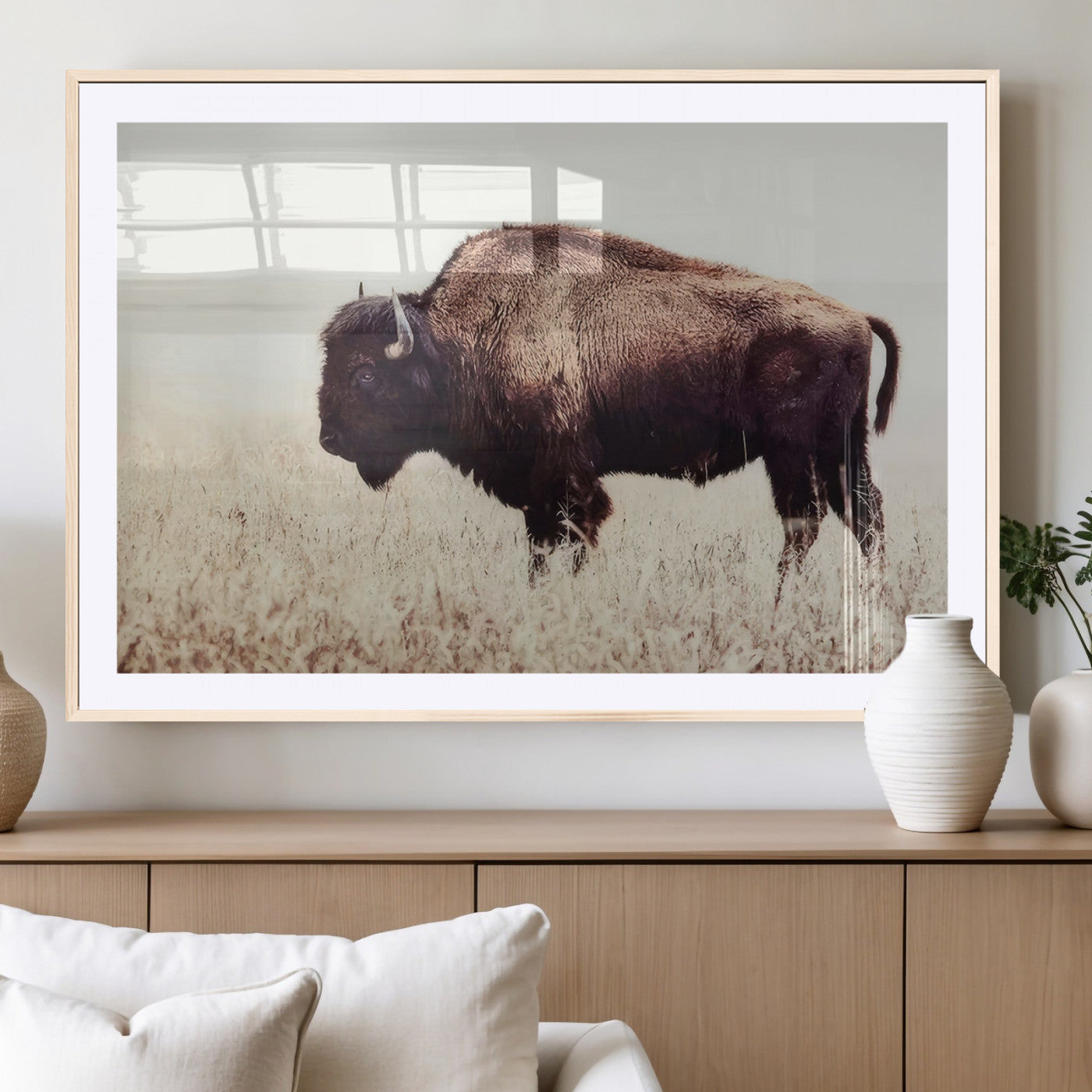 48406-MGV-CV-36X24-American Bison Wall Art – Rustic Buffalo Canvas Print in Prairie Field, Western Wildlife Photography Decor for Cabin, Lodge,