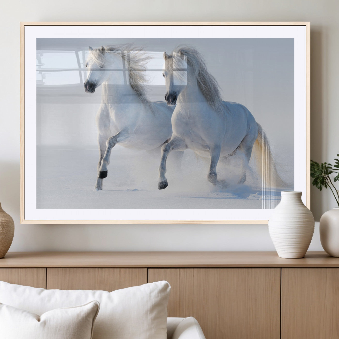 80145-MGV-CV-36X24-White Horses Running Snow Wall Art – Majestic Equine Canvas Print, Winter Nature Photography Decor for Living Room, Office,