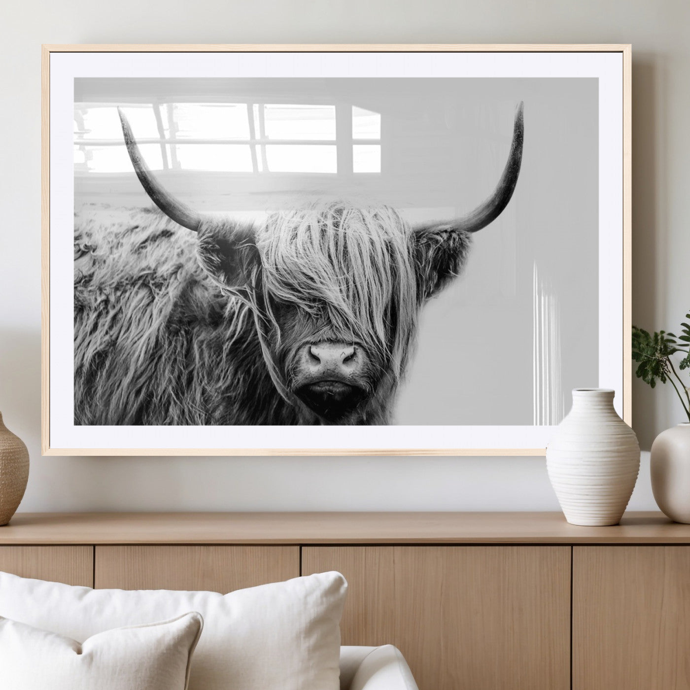 51957-MGV-CV-36X24-Highland Cow Wall Art – Black and White Scottish Highland Bull Canvas Print, Rustic Farmhouse Animal Decor for Living Room,