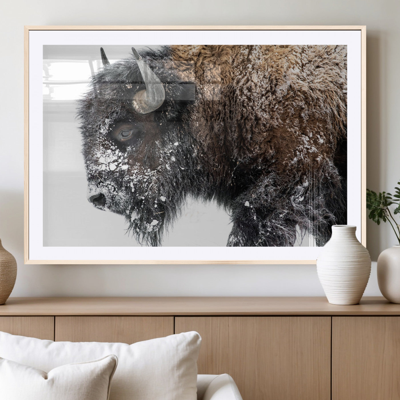 24304-MGV-CV-36X24-Bison Wall Art Canvas Print, Framed Winter Bison Art Picture Print, Snowy Buffalo Perfect Rustic Farmhouse Decor Artwork