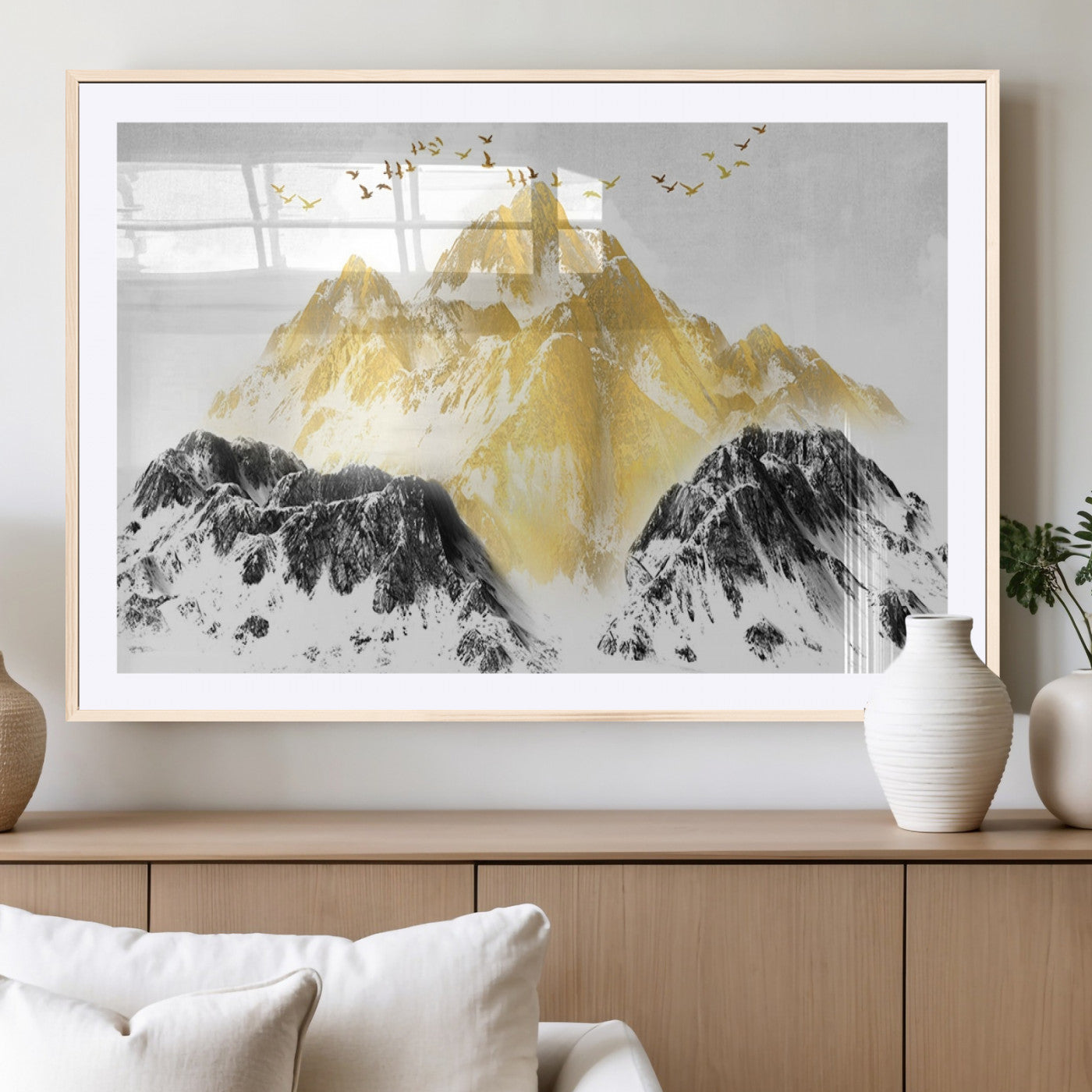 37733-MGV-CV-36X24-Golden Mountain Wall Art – Modern Abstract Landscape Canvas Print with Birds, Luxury Nature Decor for Living Room, Bedroom, or