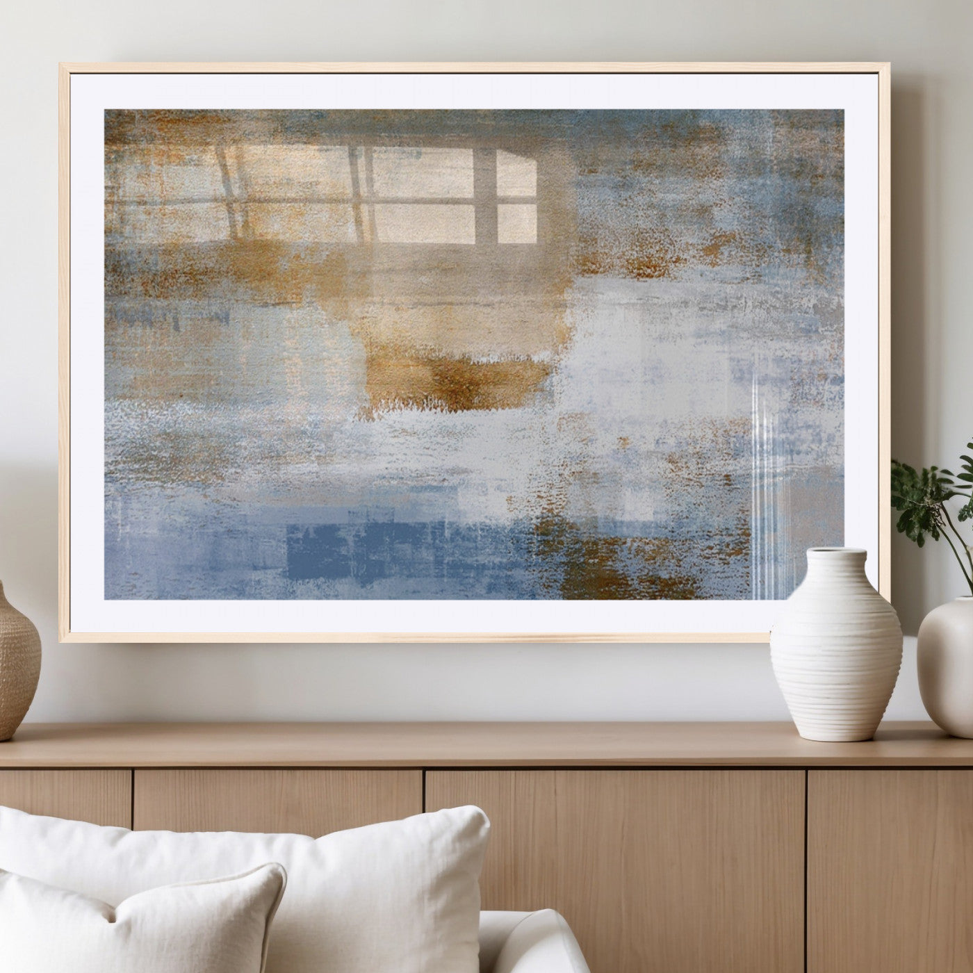 72354-MGC-FP-36x24_Natural-Blue and Gold Abstract Wall Art – Modern Minimalist Canvas Print, Textured Contemporary Painting for Living Room, Bedroom, or