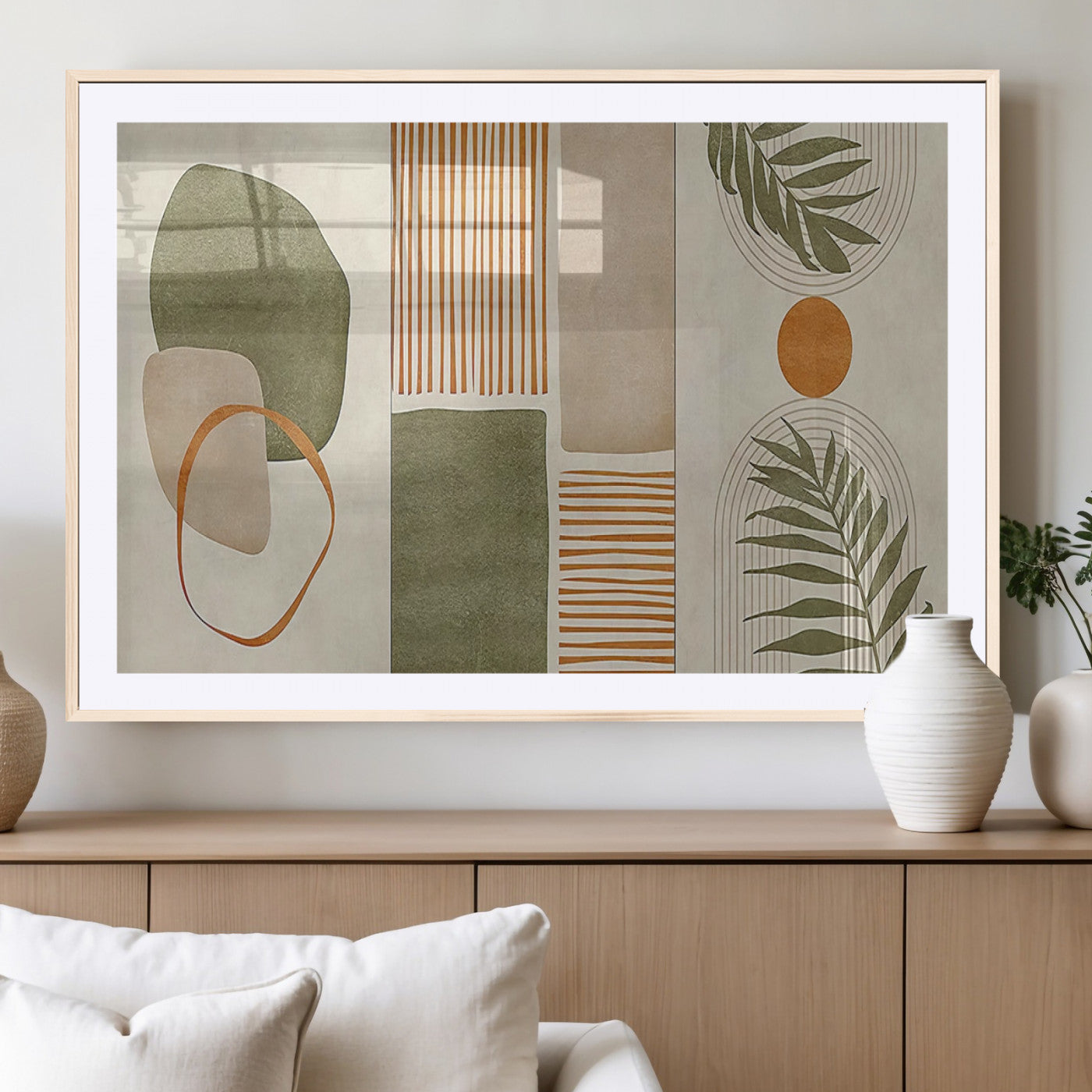 96002-MGV-CV-36X24-Abstract Geometric Wall Art – Modern Canvas Print with Green, Orange & Beige Shapes, Minimalist Home Decor for Living Room, Office