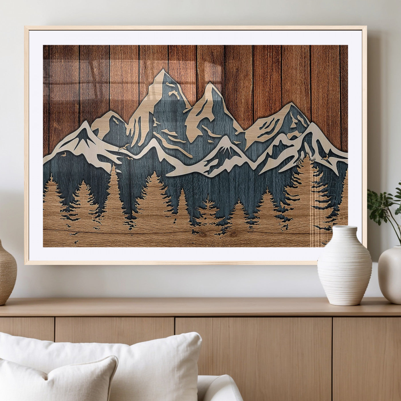 41330-MGC-FP-36x24_Natural-Rustic Mountain Wall Art – Wooden Nature Scene with Trees and Peaks, Handmade 3D Layered Decor for Living Room, Cabin or Office