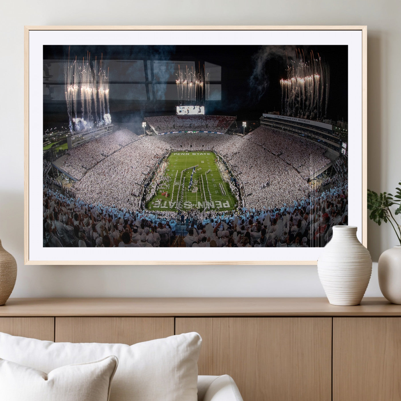 11391-MGC-FP-36x24_Natural-Penn State Stadium Wall Art – Panoramic White Out Football Game Canvas Print, College Sports Decor for Office, Man Cave, or Living
