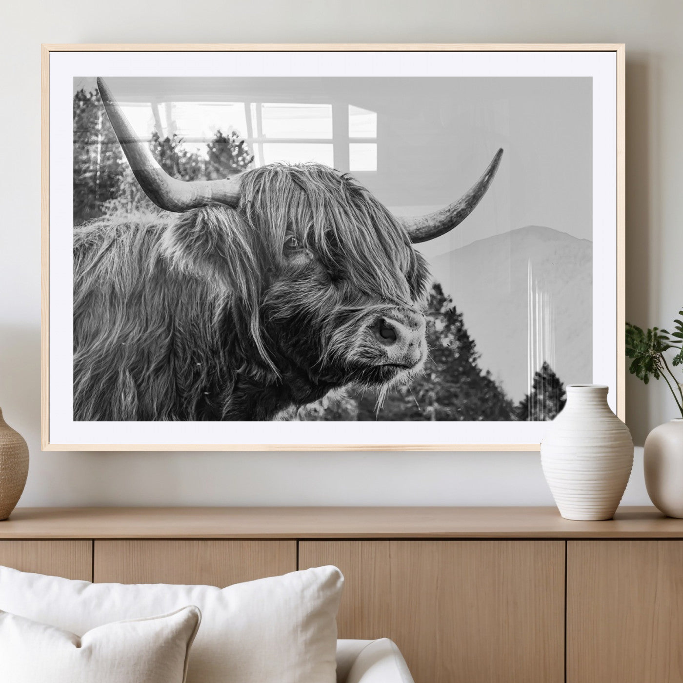 61570-MGC-FP-36x24_Natural-Highland Cow Wall Art – Black and White Scottish Bull Canvas Print, Rustic Farmhouse Animal Decor for Living Room, Bedroom, or