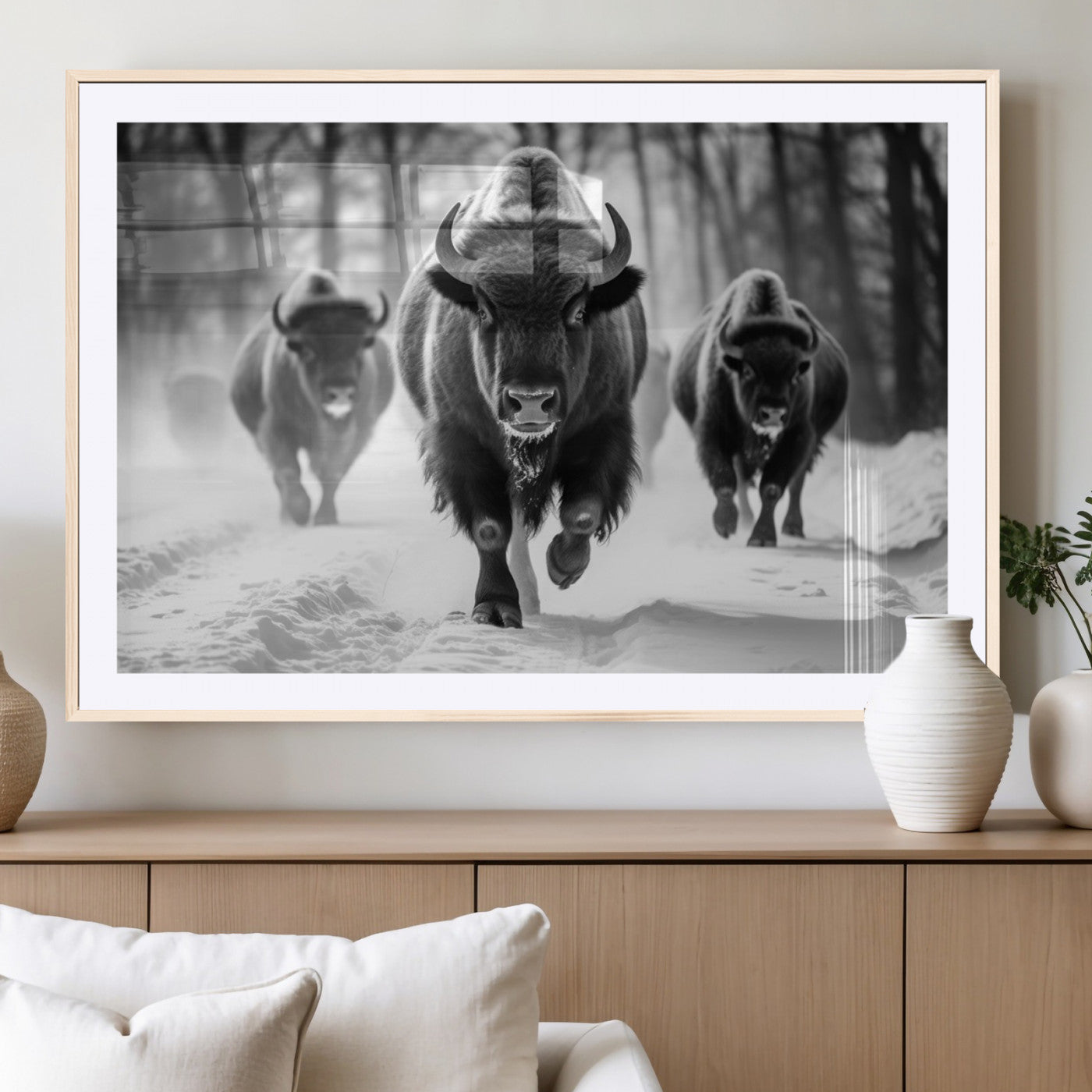 97552-MGV-CV-36X24-Black and White Bison Wall Art – Buffalo Herd Running in Snow Canvas Print, Rustic Wildlife Photography Decor for Cabin, Lodge, or