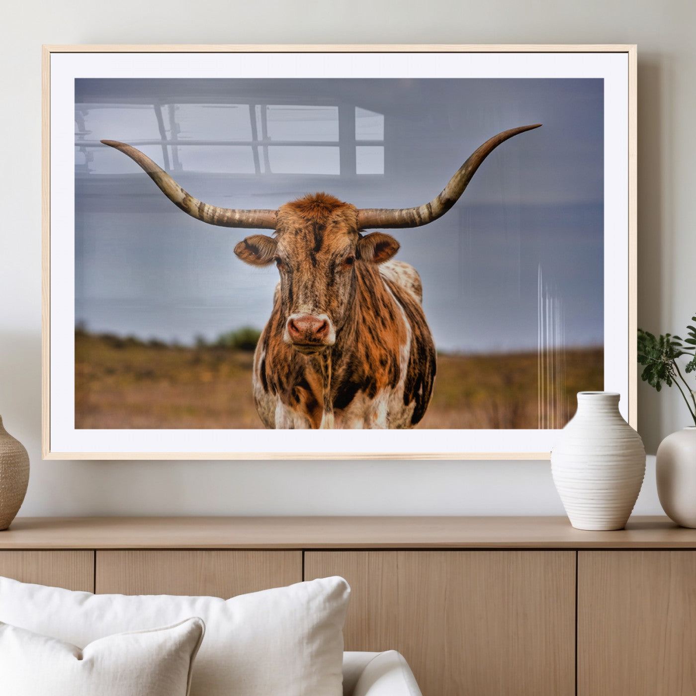 18594-MGC-FP-36x24_Natural-Texas Longhorn Bull Wall Art – Rustic Western Cattle Canvas Print, Country Farmhouse Decor for Living Room, Office or Cabin