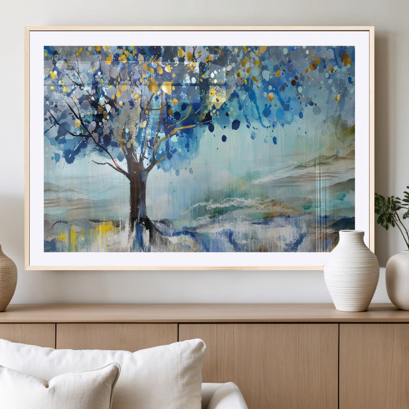17018-MGV-CV-36X24-Abstract Blue Tree Wall Art – Colorful Canvas Painting with Gold and Silver Accents, Modern Nature Artwork for Living Room,