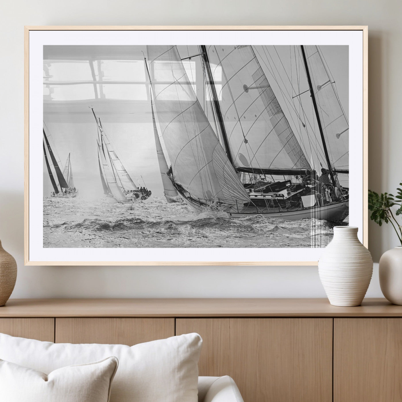 Boat-1-MGC-FP-36x24_Natural-Sailboat Racing Wall Art – Nautical Black and White Canvas Print, Ocean Adventure Decor for Office, Living Room or Bedroom