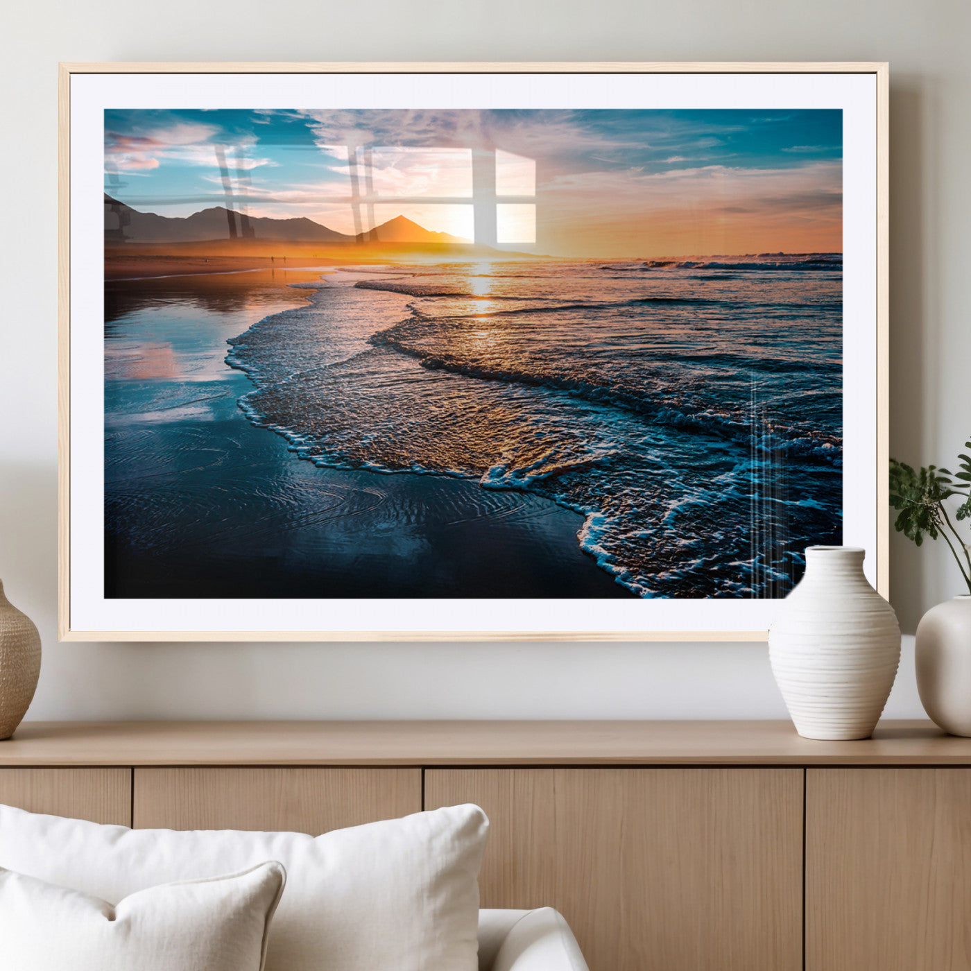 26494-MGV-CV-36X24-Ocean Sunset Wall Art – Scenic Beach Canvas Print with Waves and Mountains, Coastal Seascape Photography for Living Room, Bedroom