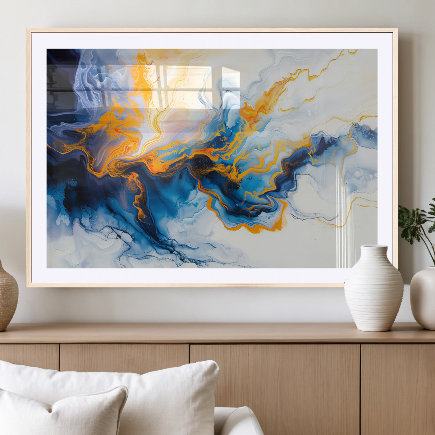 83720-MGV-CV-36X24-Abstract Fluid Wall Art – Blue, White and Gold Swirl Canvas Painting, Modern Contemporary Artwork for Living Room, Bedroom or