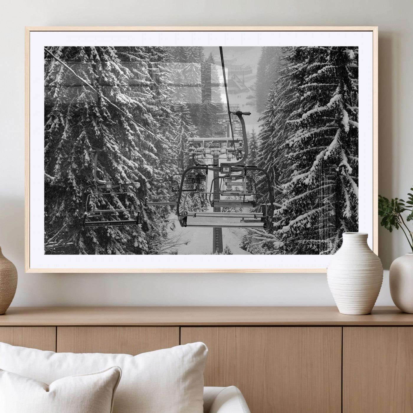 19240-MGV-CV-36X24-Ski Lift Wall Art – Black and White Winter Mountain Canvas Print, Snowy Forest Ski Resort Photography for Cabin, Lodge, Office or