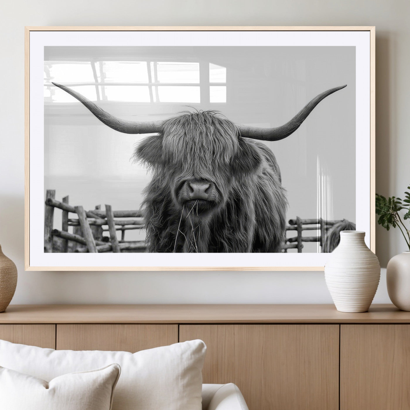 58188-MGC-FP-36x24_Natural-Highland Cow Wall Art – Black and White Rustic Farmhouse Canvas Print, Longhorn Cattle Photography Decor for Living Room or