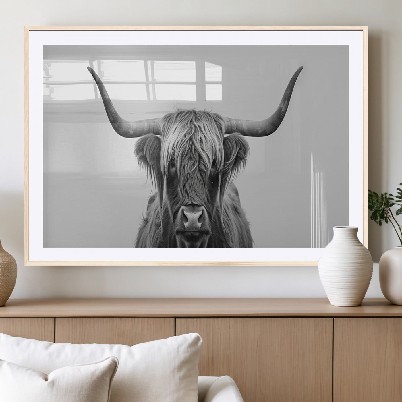 35820-MGV-CV-36X24-Minimalist Highland Cow Wall Art – Black and White Longhorn Cattle Canvas Print, Modern Farmhouse Animal Photography Decor for
