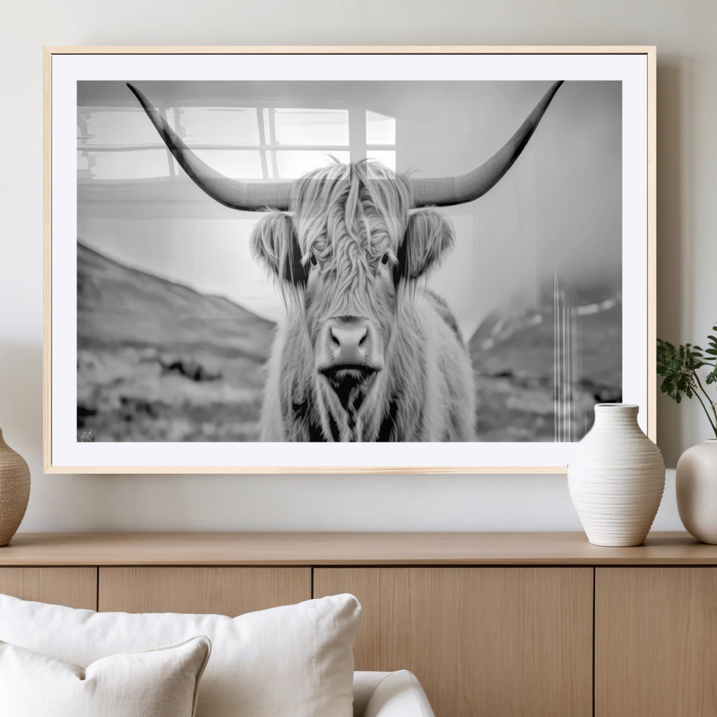 80564-MGV-CV-36X24-Highland Cow Wall Art – Black and White Scottish Highland Canvas Print, Rustic Farmhouse Decor for Living Room, Bedroom or Office