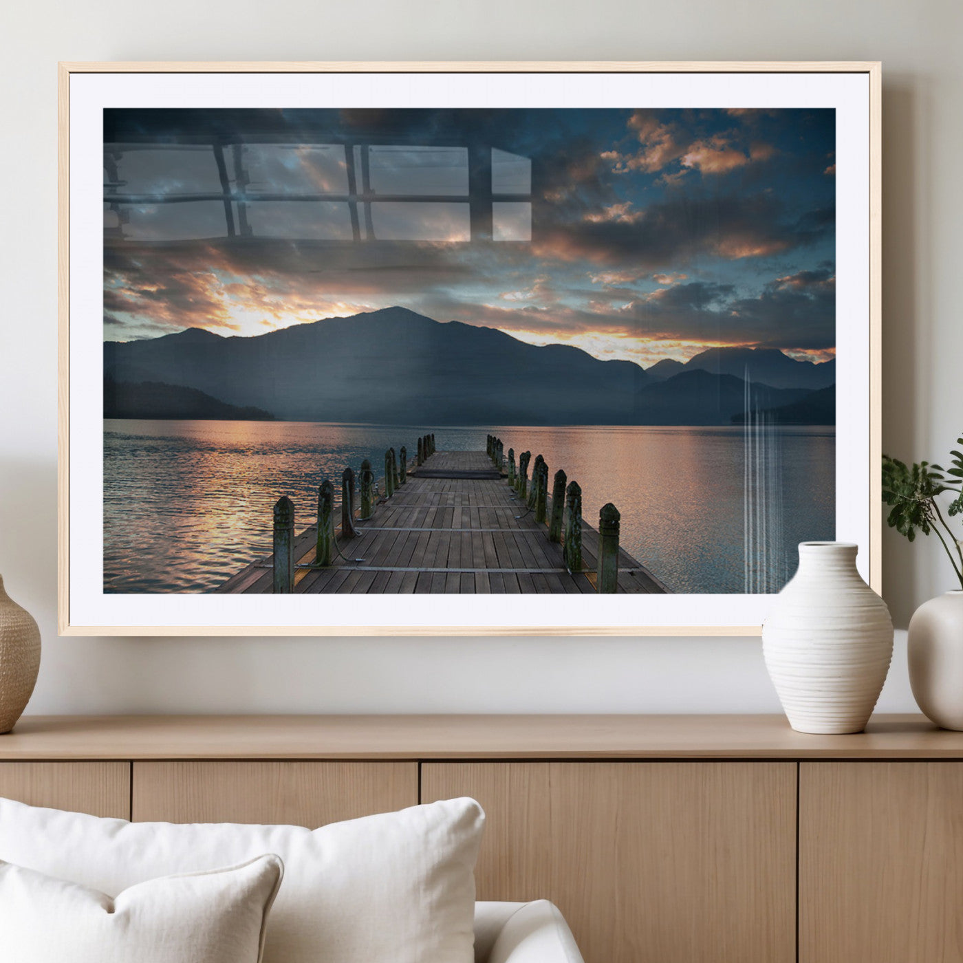 20442-MGV-CV-36X24-Lakeside Sunset Dock Wall Art – Peaceful Mountain Lake Canvas Print, Serene Nature Landscape Decor for Living Room, Bedroom or