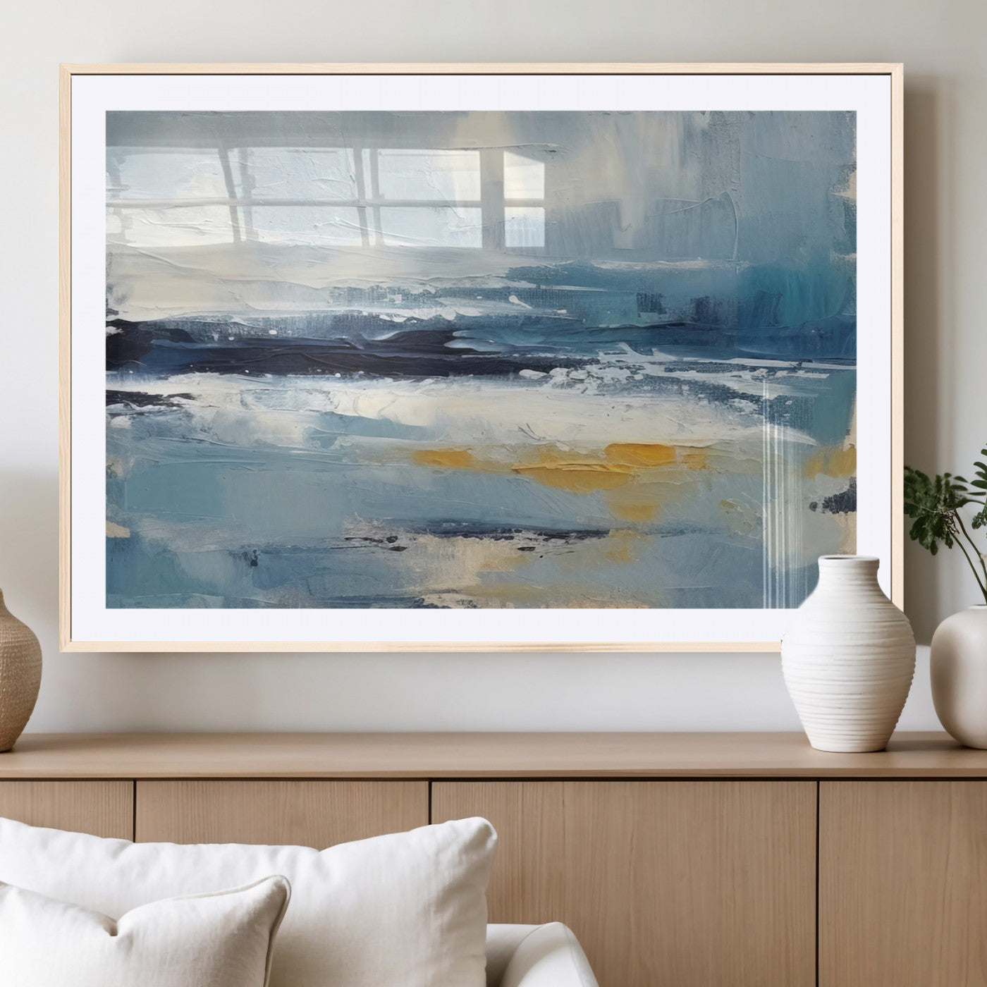 19746-MGV-CV-36X24-Abstract Ocean Wall Art – Modern Coastal Canvas Print with Blue, White and Gold Textures, Contemporary Seascape Painting for