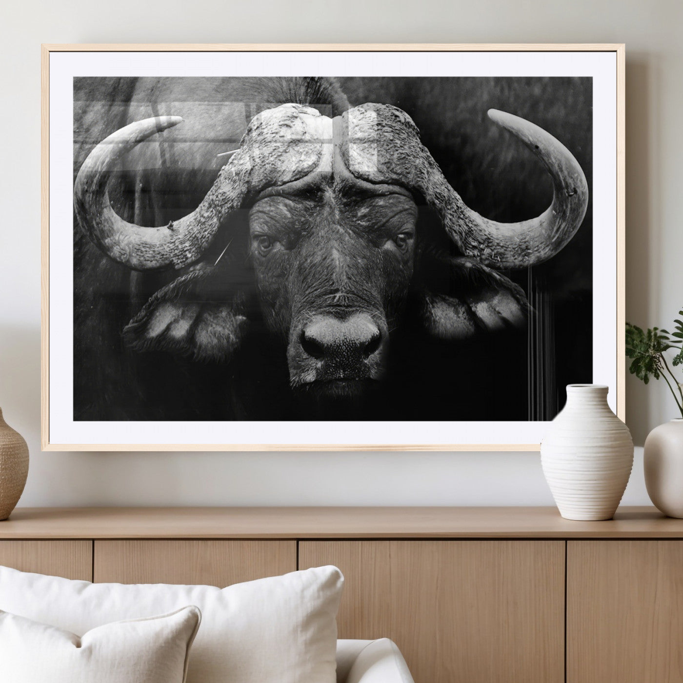75273-MGC-FP-36x24_Natural-Buffalo Wall Art – Black and White African Buffalo Canvas Print, Rustic Wildlife Animal Artwork for Farmhouse, Living Room,