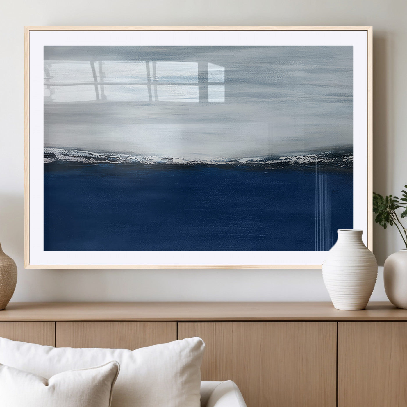 62197-MGC-FP-36x24_Natural-Abstract Ocean Wall Art – Minimalist Blue and White Canvas Print, Modern Coastal Seascape Painting for Bedroom, Living Room or