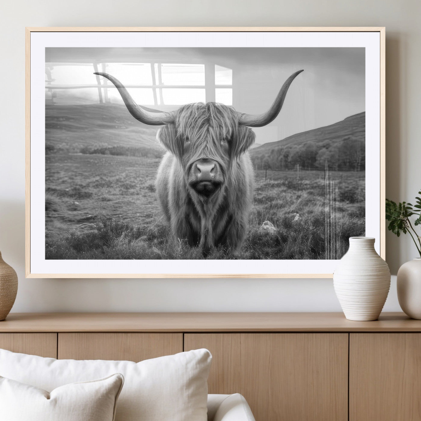 52903-MGV-CV-36X24-Highland Cow Wall Art – Black and White Canvas Print Rustic Cattle Portrait, Farmhouse Country Decor for Living Room, Office,