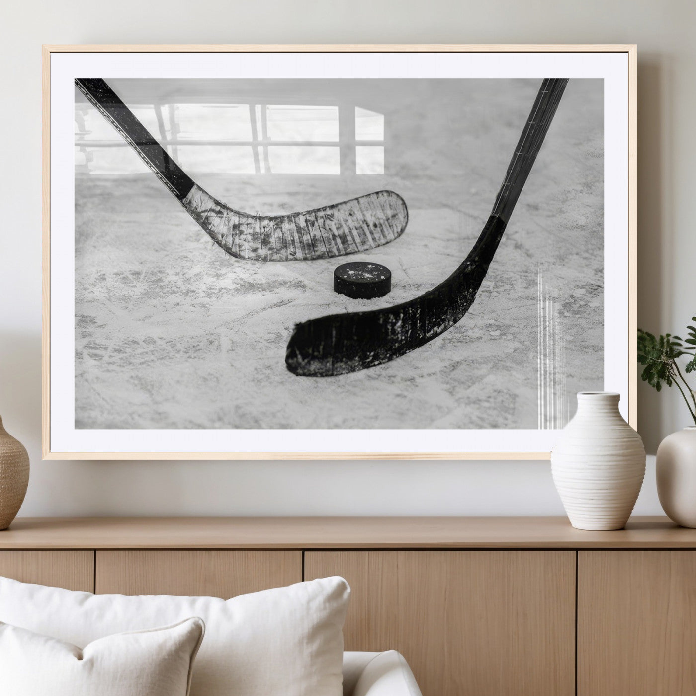 82900-MGV-CV-36X24-Hockey Wall Art – Black and White Canvas Print Ice Rink Sticks Puck Sports Photography, Modern Decor for Game Room, Man Cave,