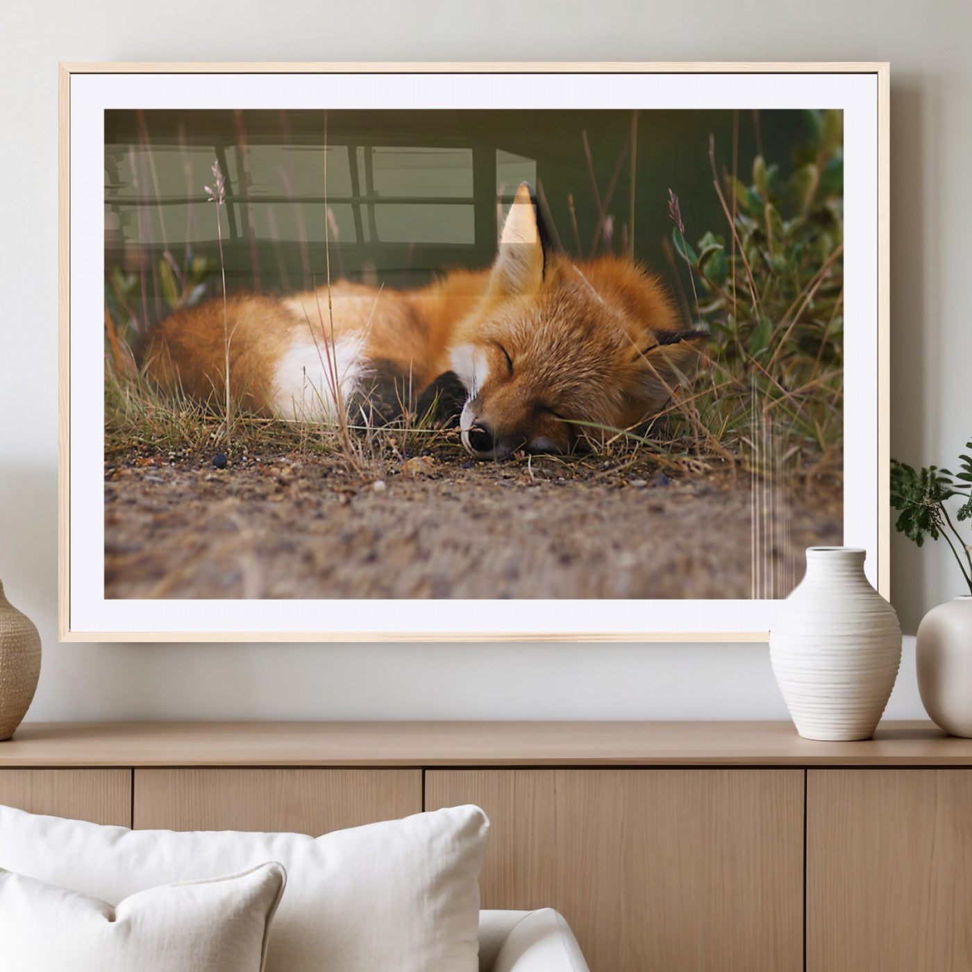25085-MGV-CV-36X24-Sleeping Fox Wall Art Canvas Print, Framed Rustic Fox Art Picture Print, Wildlife Animal Perfect Rustic Farmhouse Decor Artwork